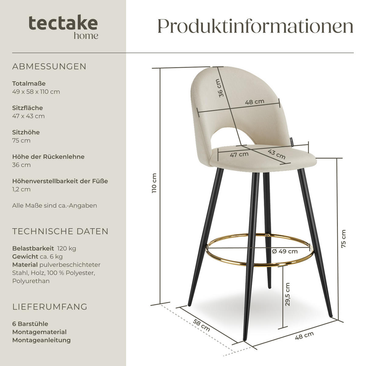 BARSTUHL Sachel,49 x 58 x 110 cm, Belastbarkeit 120 kg,creme/schwarz - Creme/Schwarz, Kunststoff (49/110/58cm) - tectake