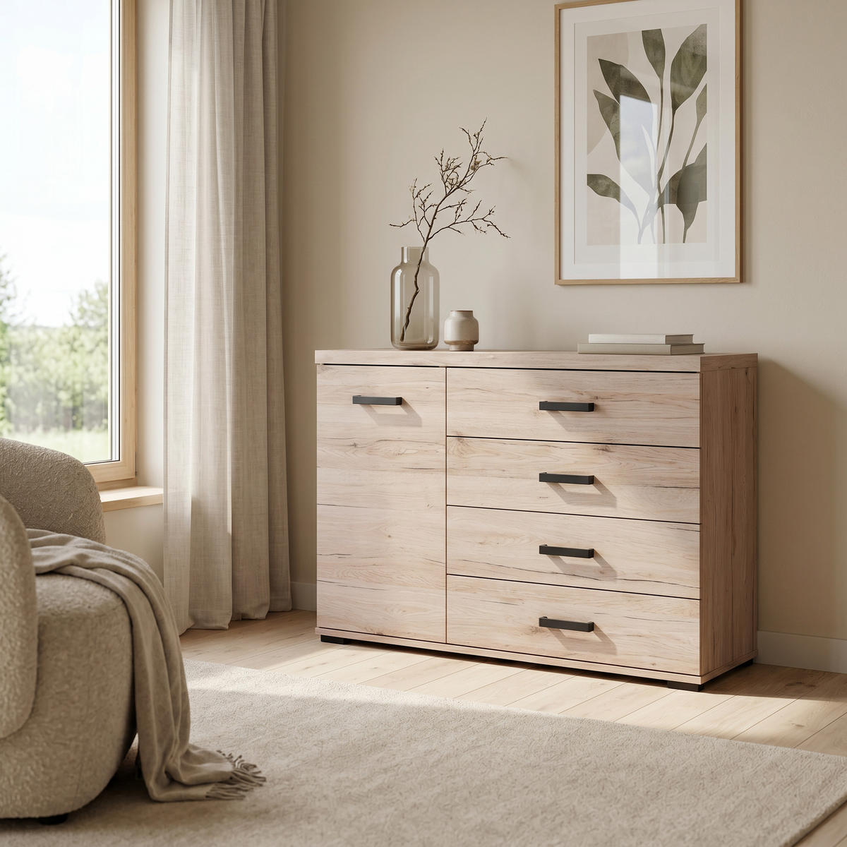 KOMMODE LIVORNO 120/85/40cm mit 4 Schubladen 1 Türen Eichefarben - Eichefarben, Holzwerkstoff (120/85/40cm) - MASSENO