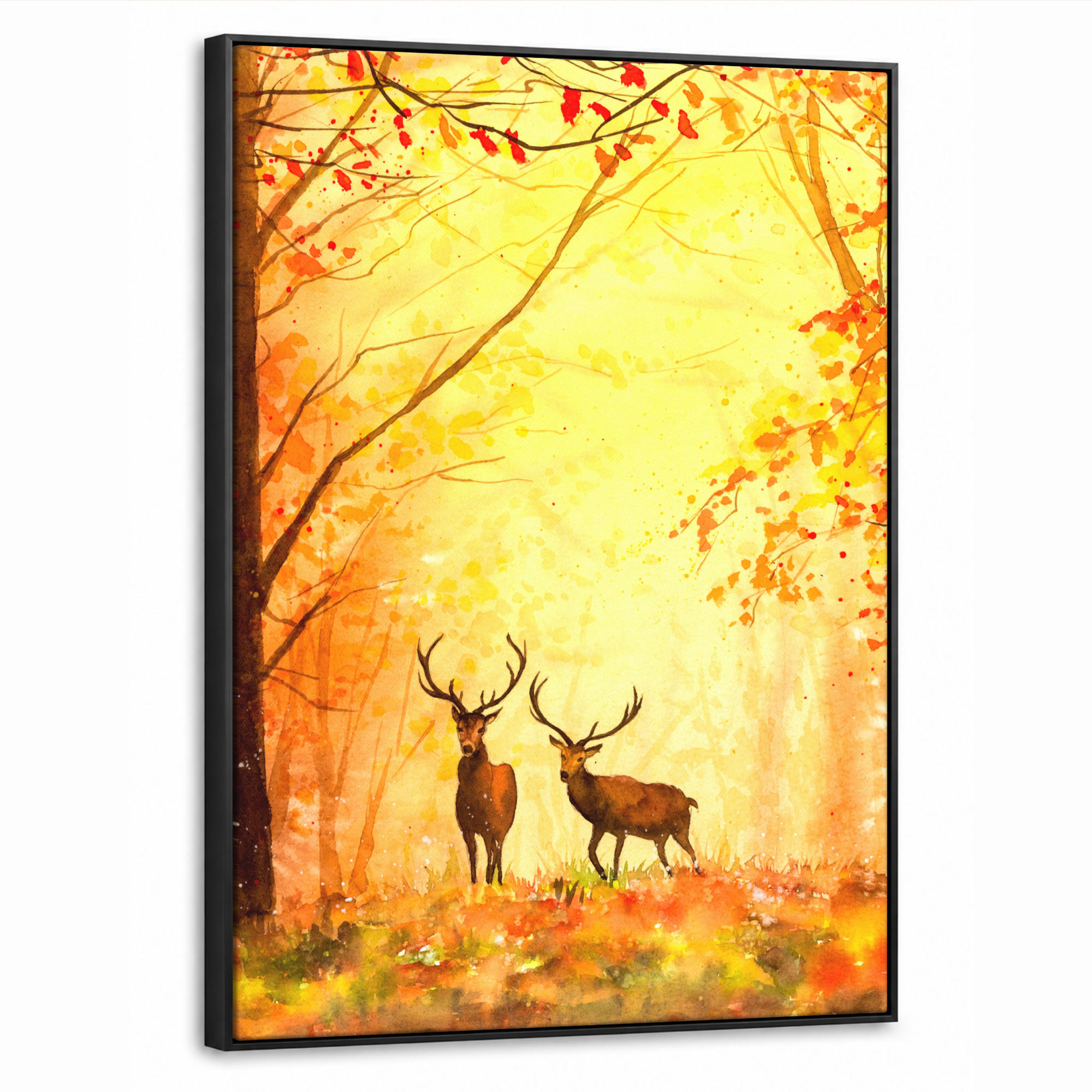 LEINWAND Bilder mit Rahmen - Natur - Ölfarbe - Hirsche - Tiere - Herbst - Orange - 70x100 - Orange, Textil (70/100cm) - MuchoWow