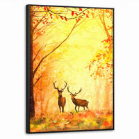 LEINWAND Bilder mit Rahmen - Natur - Ölfarbe - Hirsche - Tiere - Herbst - Orange - 70x100 - Orange, Textil (70/100cm) - MuchoWow