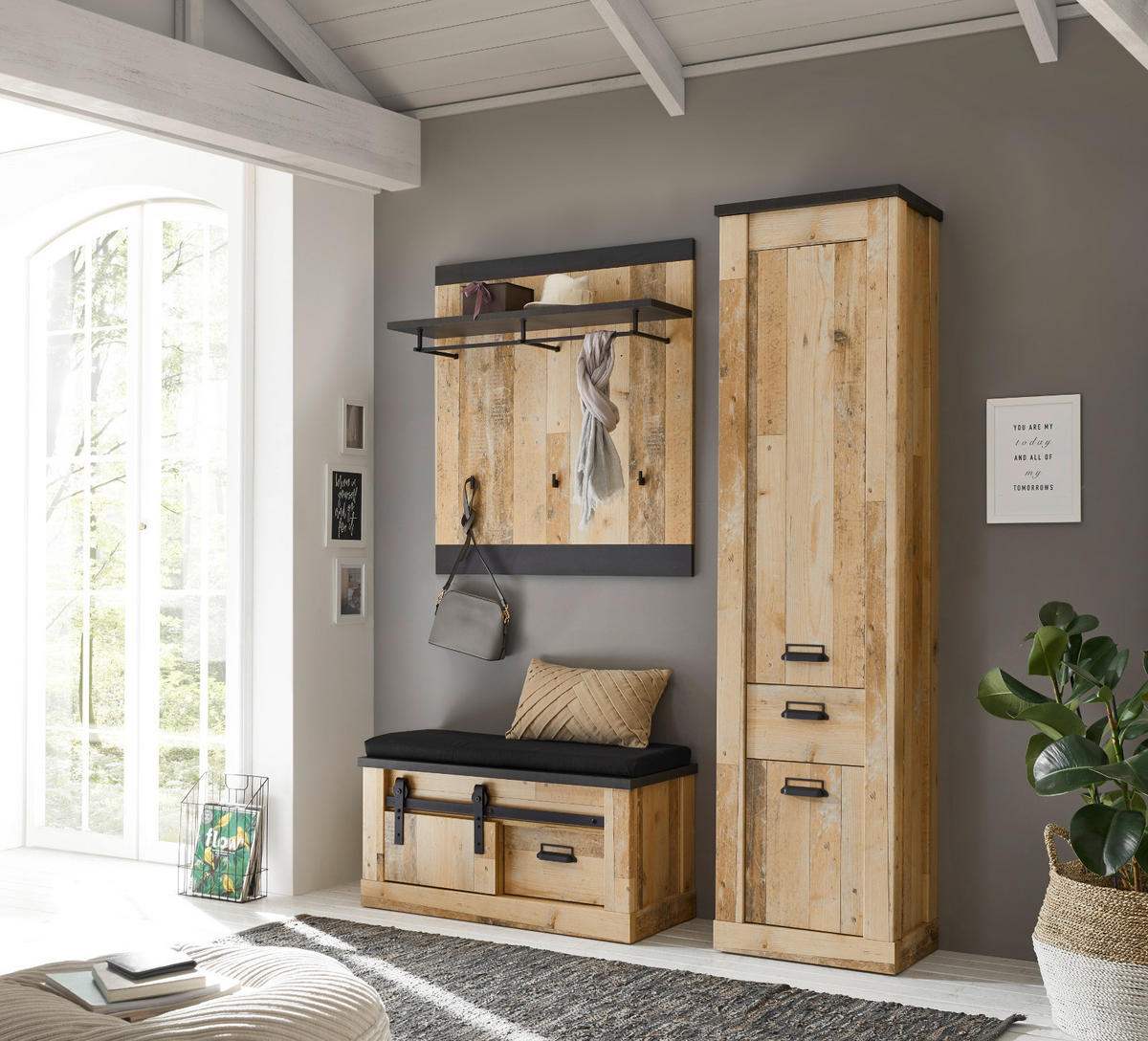 GARDEROBE Set 4-tlg. Used Wood Vintage 164 x 200 cm, mit Schiebetür und Soft-Close - Anthrazit/Schwarz, Holzwerkstoff/Metall (164/201/43cm) - Furn.Design