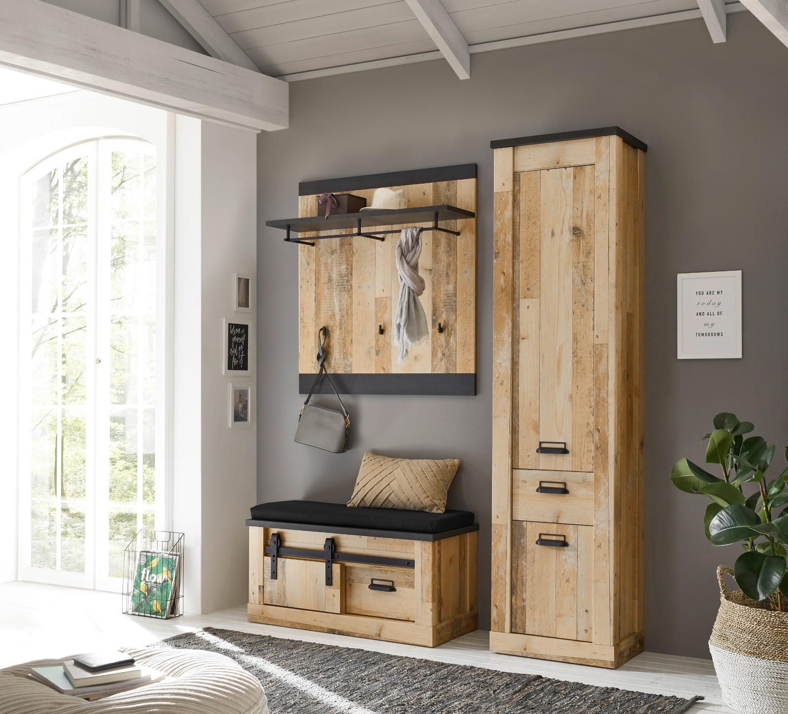 Thumbnail - Furn.Design Garderobe, Natur, Anthrazit, Metall, Nachbildung,Altholz, 3 Fächer, 2 Schubladen, Füllung: Polyester, einzel...