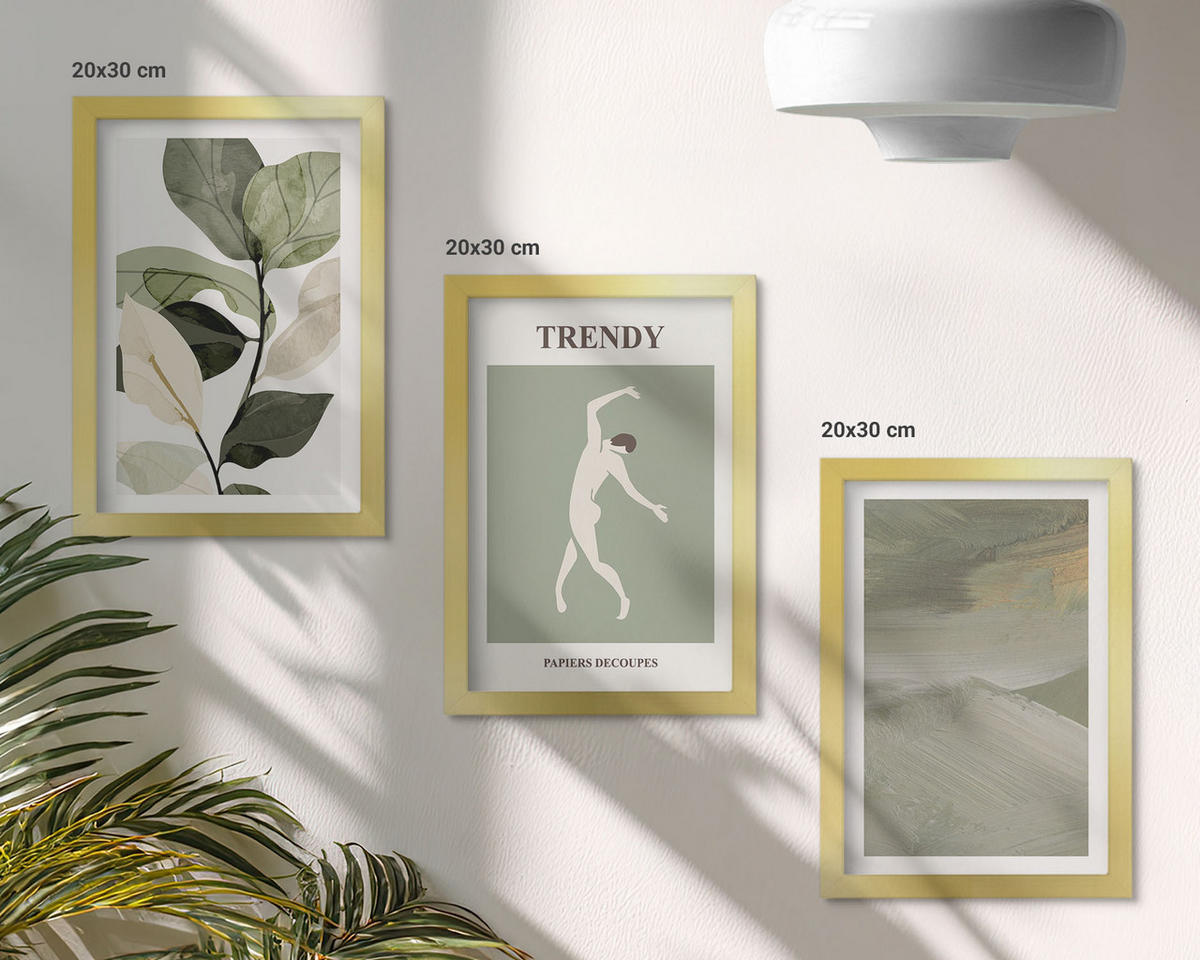 BILDER SET 3er Set - 20x30 cm Goldrahmen - Abstrakte Pflanzensilhouettenmuster - Goldfarben, Kunststoff (20/30cm) - TULUP