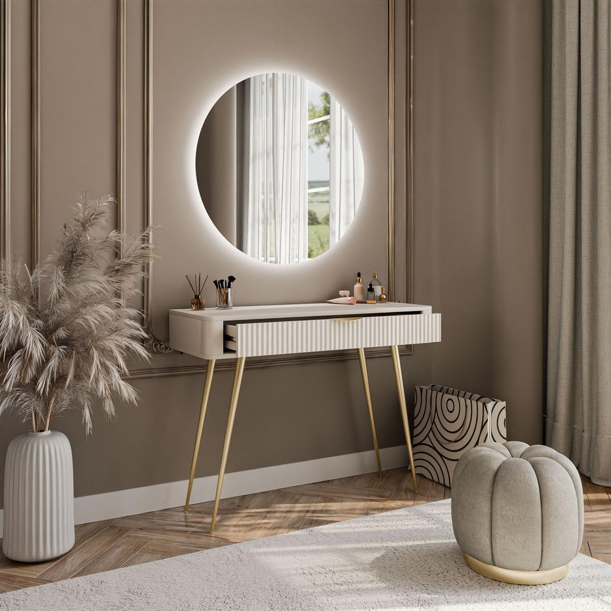 SCHMINKTISCH SCARLETT MIT RUNDEM LED-SPIEGEL BEIGE + GOLD - Beige, Holzwerkstoff (100/78/38cm) - Lookway