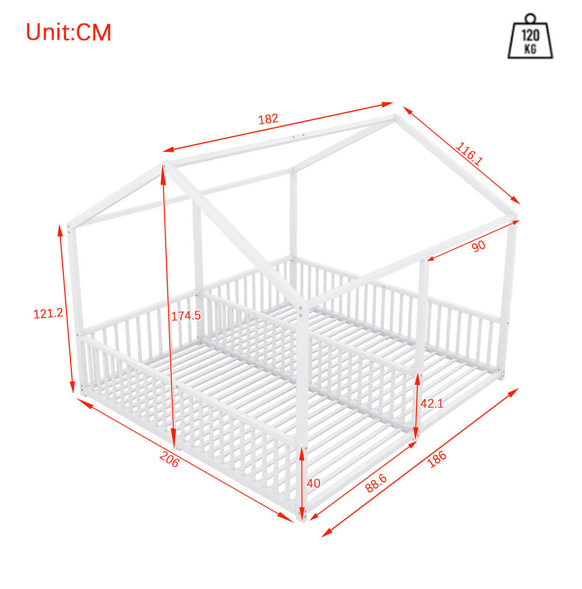 KINDERBETT Etagenbett 186/206/174,5 cm in Hausform aus Metall, 2 / 90/200 cm - Weiß, Metall (90/200cm) - BEAOK