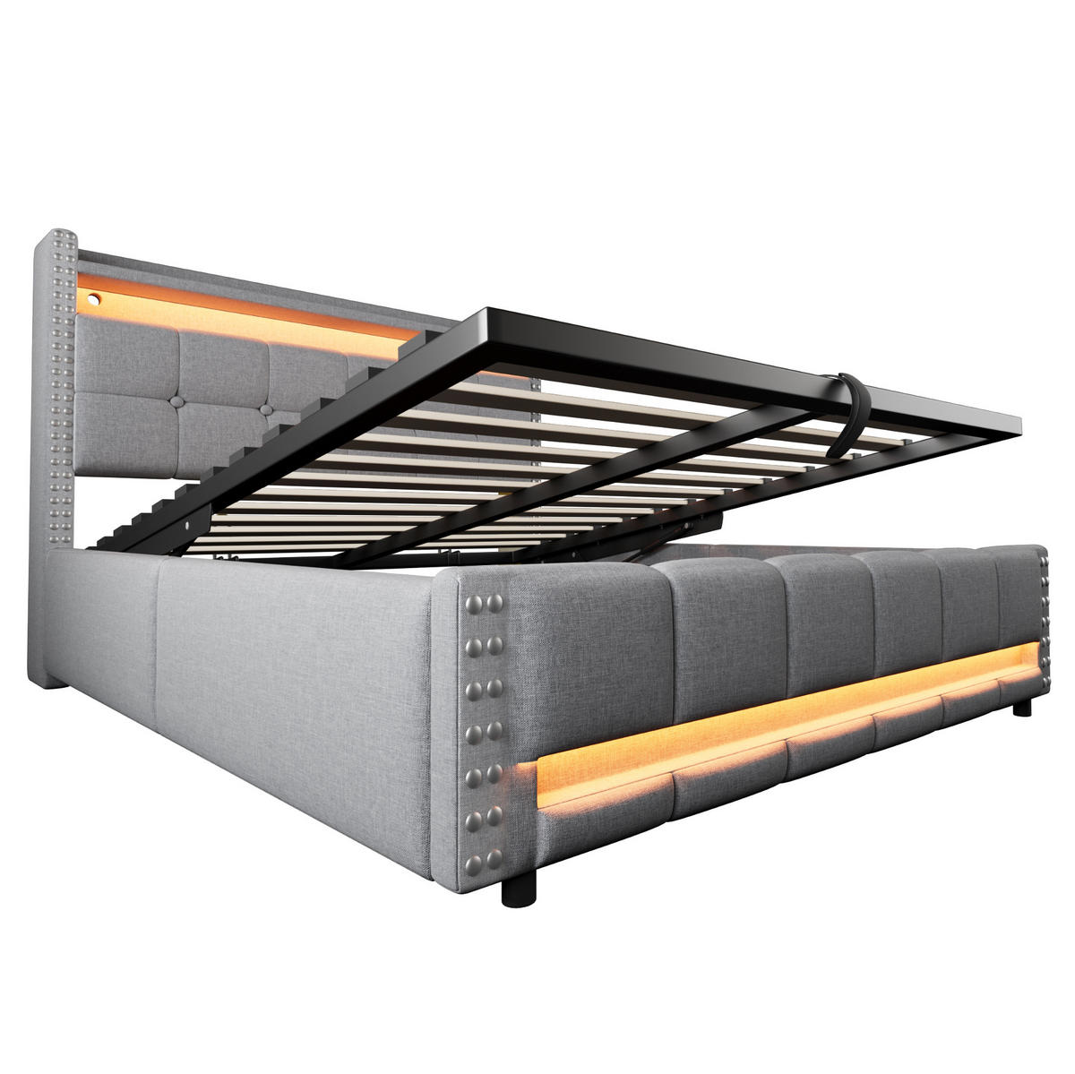 POLSTERBETT mit Stauraum, LED und USB 160x200 cm Leinen Hellgrau - Hellgrau, Metall (160/200cm) - Meubliv
