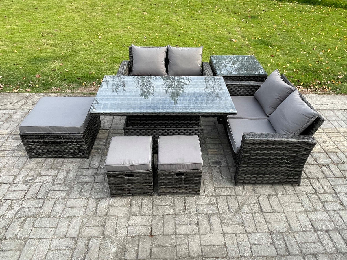 GARTENMÖBEL HÖHENVERSTELLBARER ESSTISCH SET MIT BEISTELLTISCH 3 HOCKER DOPPELSITZ-SOFA Polyrattan Dunkelgrau Gemischt 7-Sitzer - Dunkelgrau, Metall - Fimous