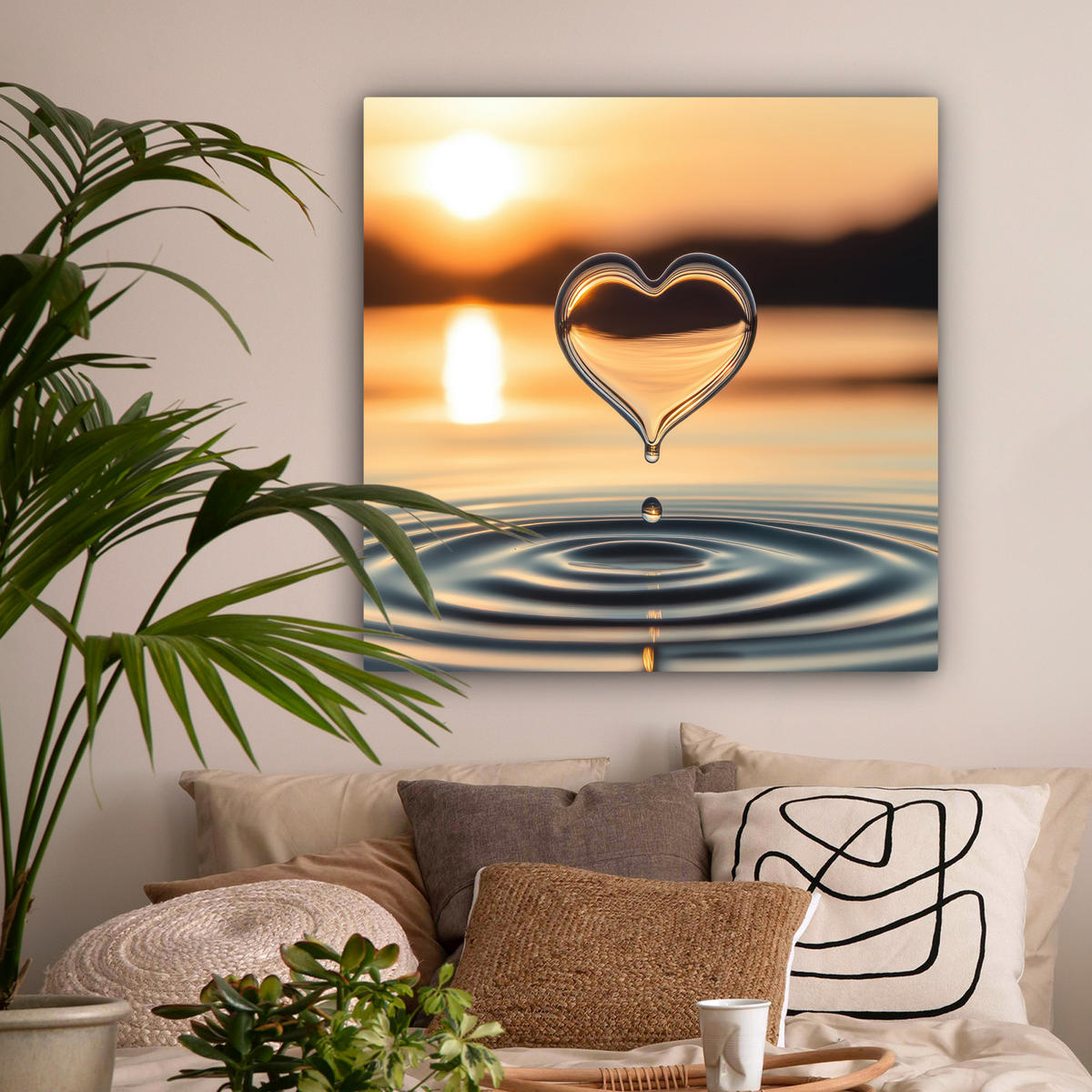 LEINWANDBILD - Herz - Wasser - Sonnenuntergang - Natur - Zen - 90x90 - Gemälde - Bernsteinfarben, Textil (90/90cm) - MuchoWow