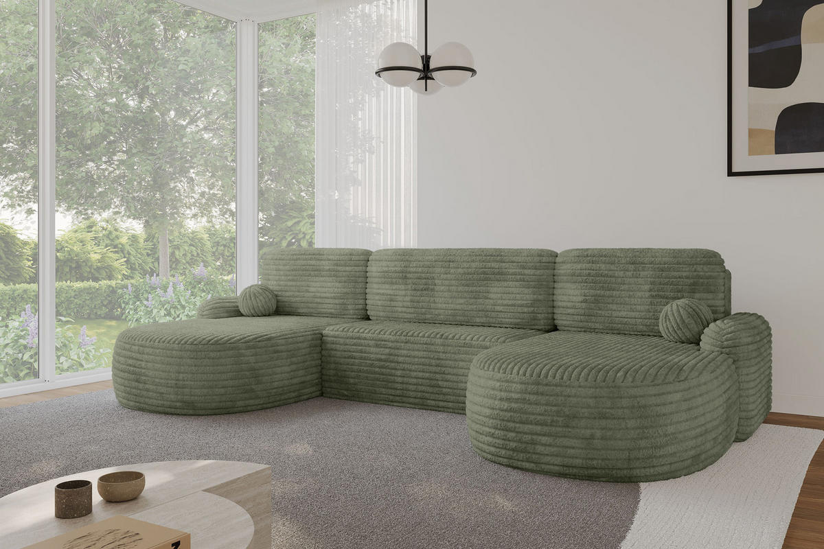 WOHNLANDSCHAFT mit Schlaffunktion und Bettkasten LIRA-U - 335x172x89 Olive - Olivgrün, Holzwerkstoff/Textil (335/89/172cm) - ALTDECOR
