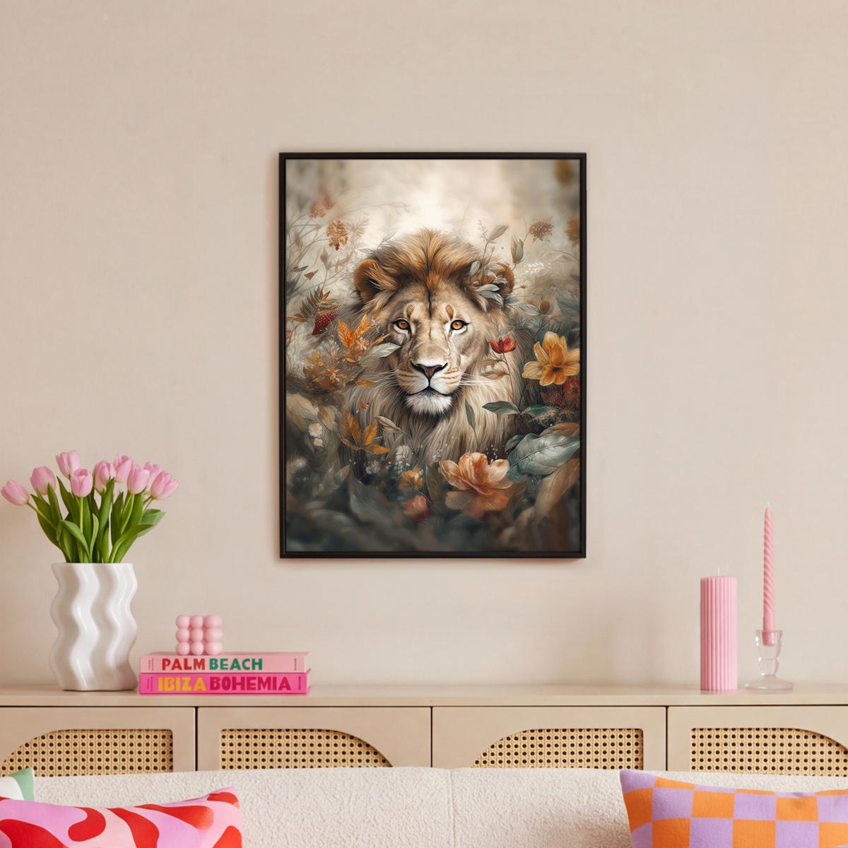 LEINWAND Bilder mit Rahmen - Löwe - Wildtiere - Pflanzen - Natur - Blumen - 50x70 - Beige, Textil (50/70cm) - MuchoWow