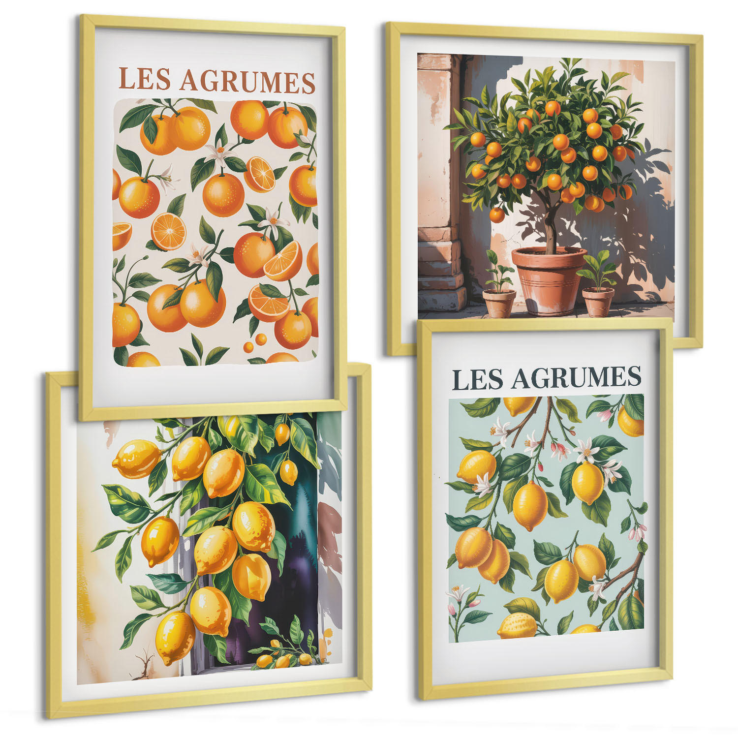 BILDER SET 4er Set - 50x50 cm & 40x60 cm Goldrahmen - Fruchtige Zitrusmuster - Goldfarben, Kunststoff (50/50cm) - TULUP