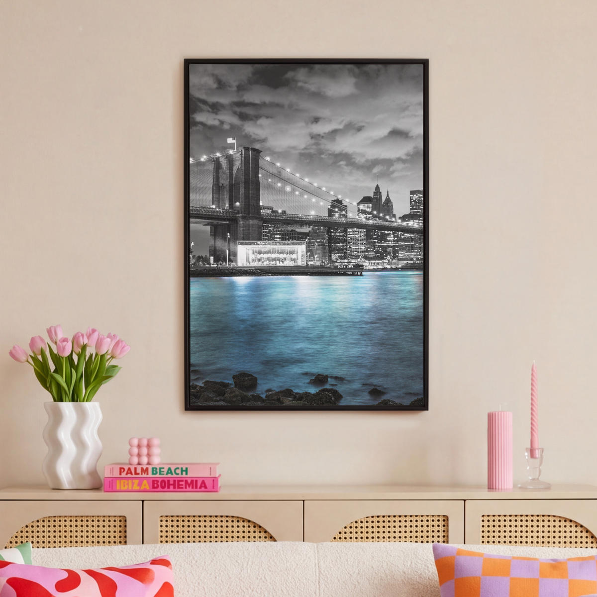 LEINWAND Bilder mit Rahmen - New York - Skyline - Stadt - Blau - 60x90 - Blaugrau, Textil (60/90cm) - MuchoWow