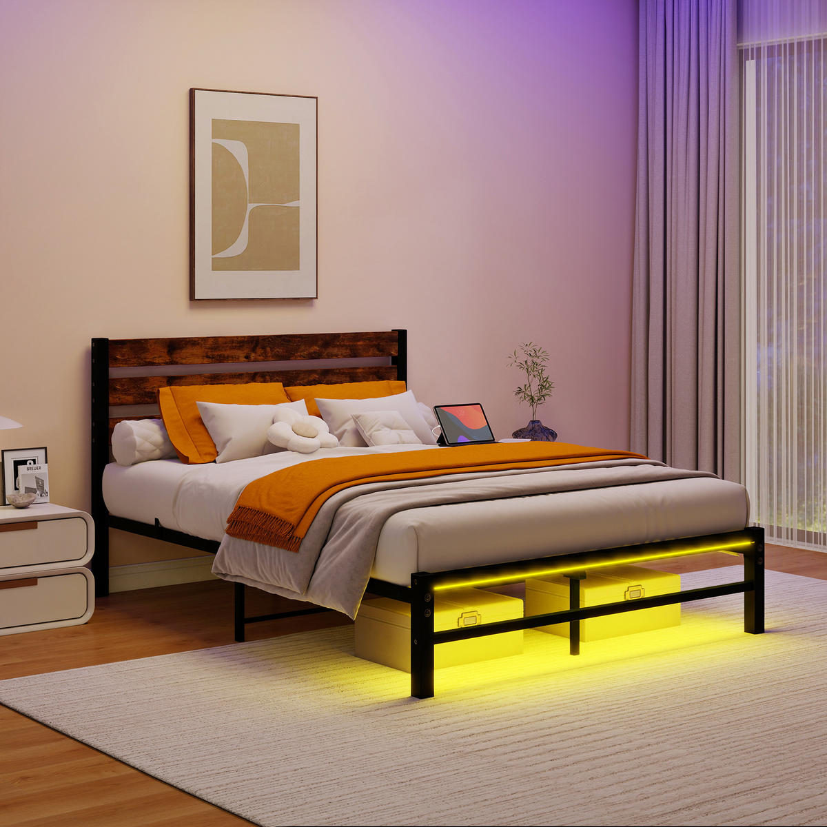 METALLBETT 140/200 cm Braun mit USB-Ladestation und LED-Bettrahmen - Braun, Metall (140/200cm) - Oxeza