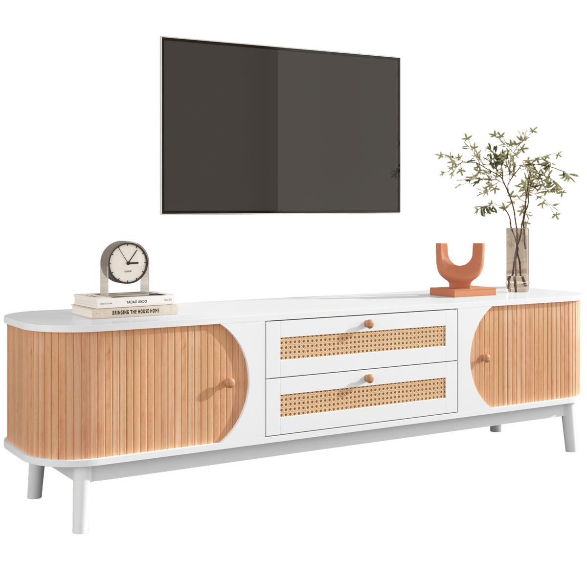 TV-LOWBOARD 170/39,5/46 cm mit Türen und Schubladen in Rattanoptik - Weiß, Holzwerkstoff (170/39.5/46cm) - BEAOK