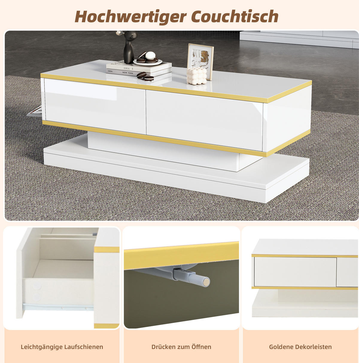COUCHTISCH 100/50/38 cm warmweiß mit Goldrand aus Spanplatte mit 2 Schubladen - Weiß, Holzwerkstoff (100/50/38cm) - OKMYHOME