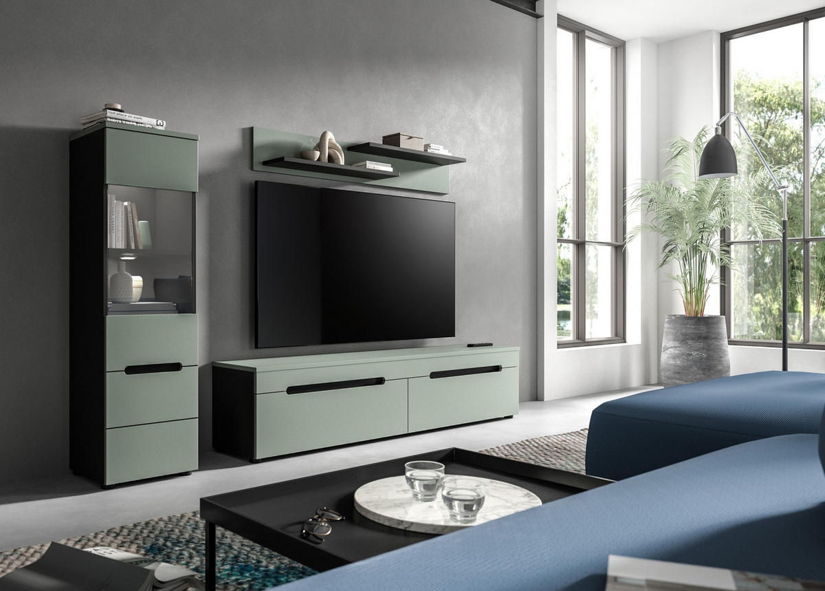 WOHNWAND inkl Beleuchtung Nova 3 tlg. (B/H/T: ca. 221/141/33 cm) in Basalt grau/Smoke Green - Grau, Holzwerkstoff (221/141/33cm)