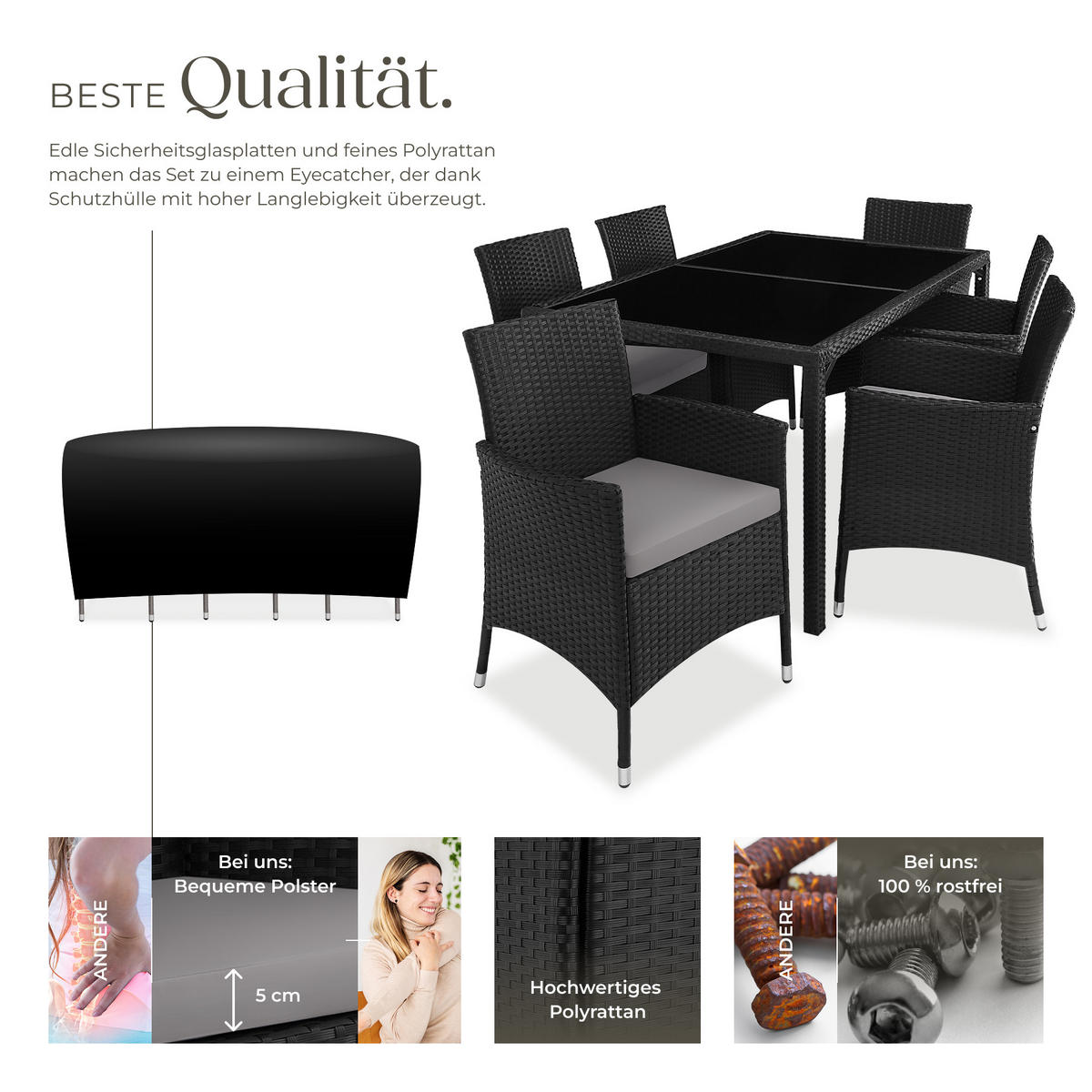 RATTAN SITZGRUPPE Porto,inklusive Schutzhülle,schwarz/grau - Schwarz/Grau, Kunststoff - tectake
