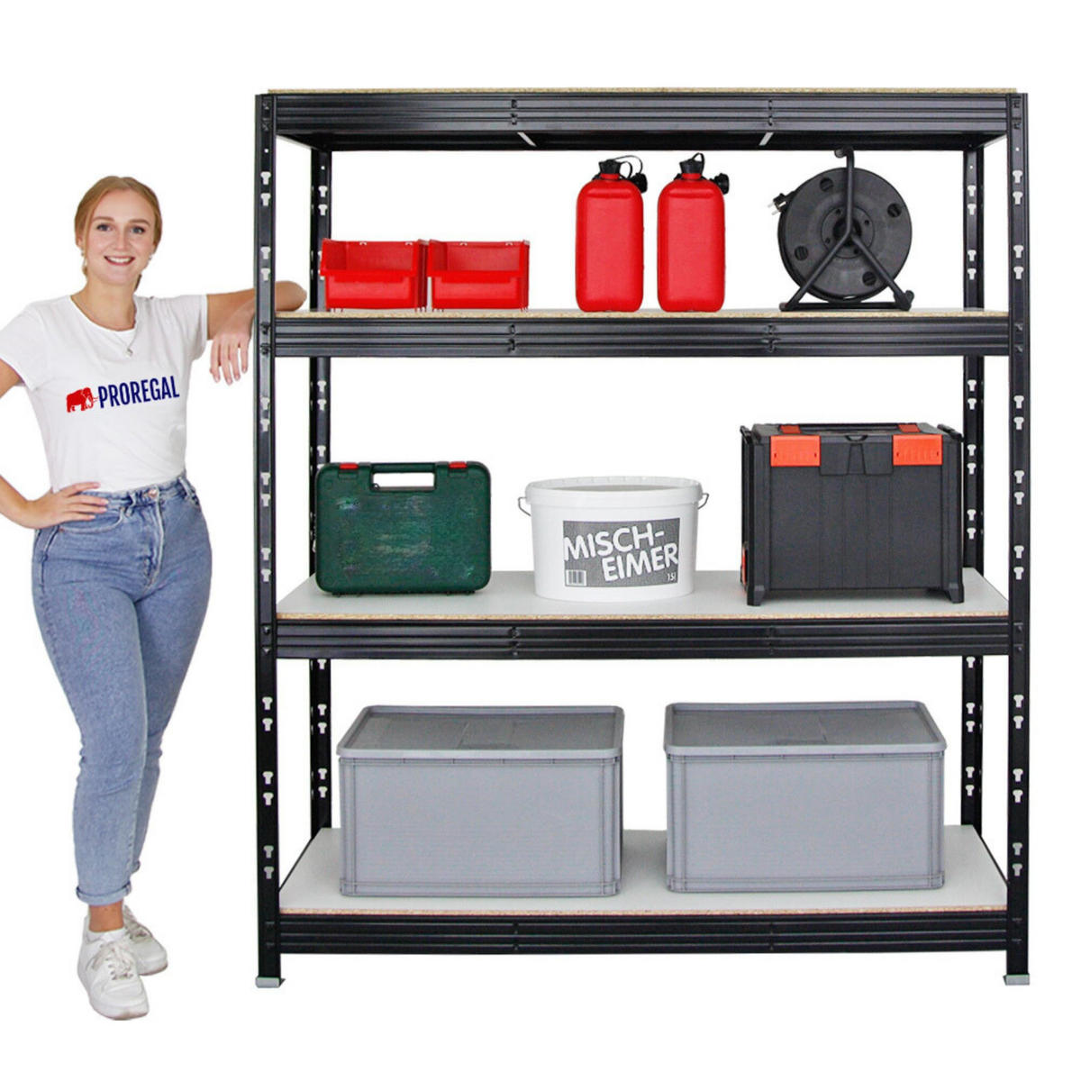 SCHWERLASTREGAL Rhino 180x160x60 cm 4 Melamin-Ebenen 16mm Fachlast 500 kg Schwarz - Schwarz/Weiß, Metall (160/180/60cm) - PROREGAL