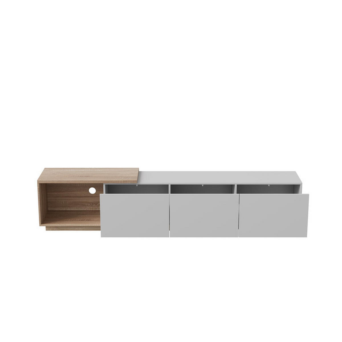 LOWBOARD mit intelligenter Induktions-LED-Beleuchtung, 3 Schubladen und einem offenen Fach, für 65-Zoll - Weiß, Holz (38/44/240cm) - WoodenAura