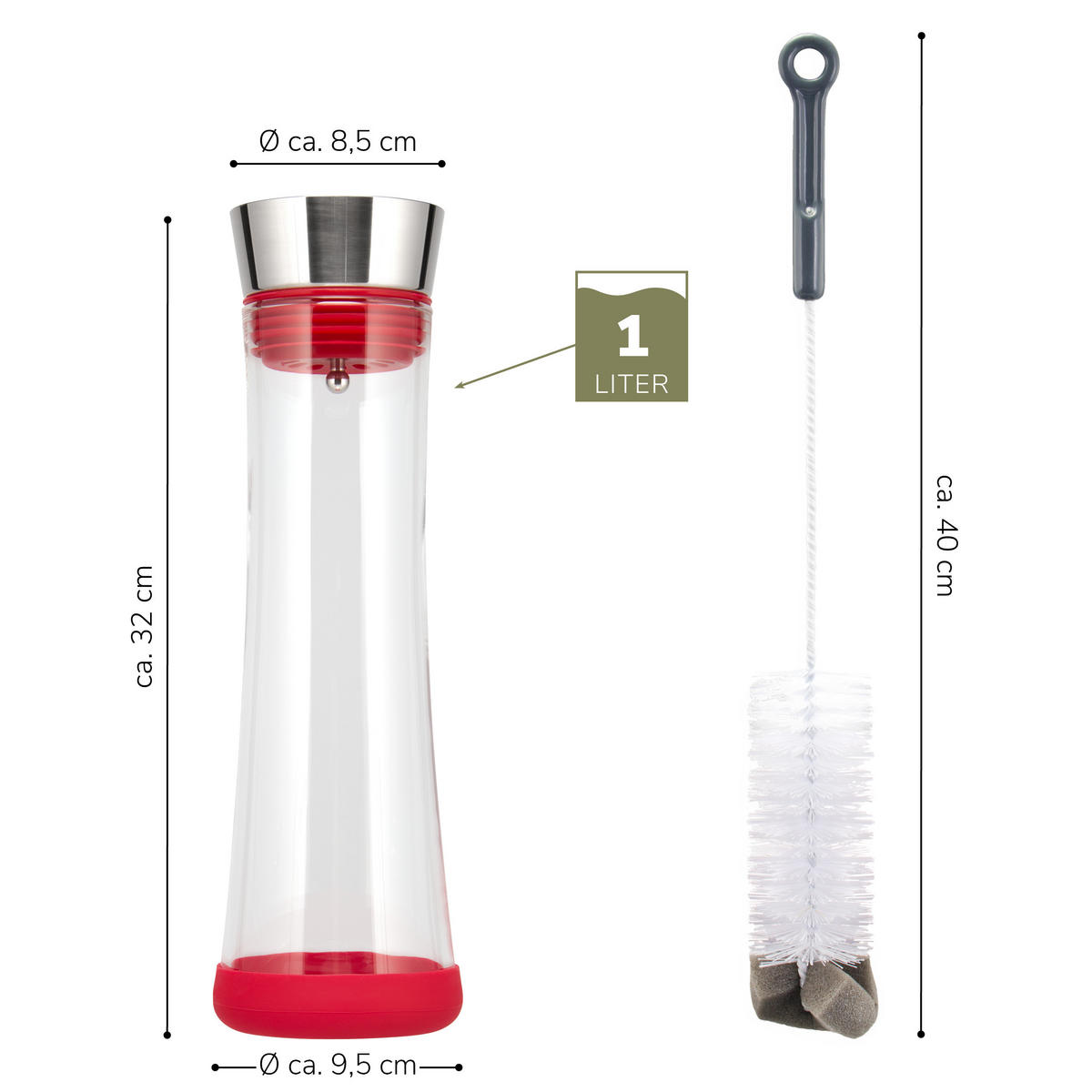 GLASKARAFFE 1 Liter CAROLA, rot, Edelstahl, Silikon - Rot, Glas (1L) - bremermann