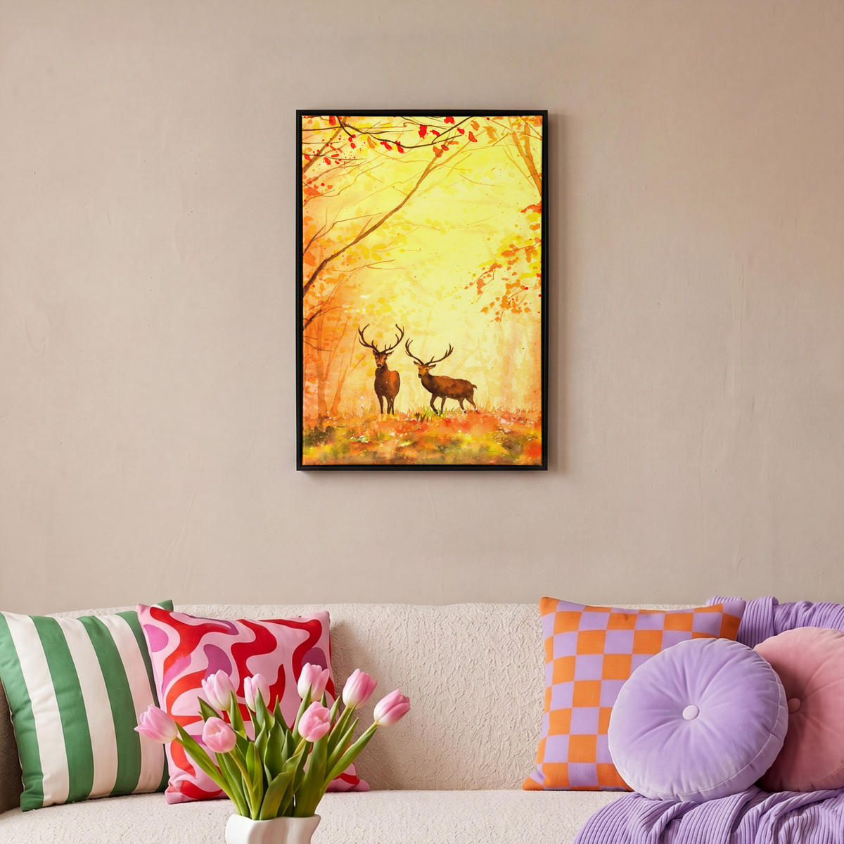 LEINWAND Bilder mit Rahmen - Natur - Ölfarbe - Hirsche - Tiere - Herbst - Orange - 40x60 - Orange, Textil (40/60cm) - MuchoWow