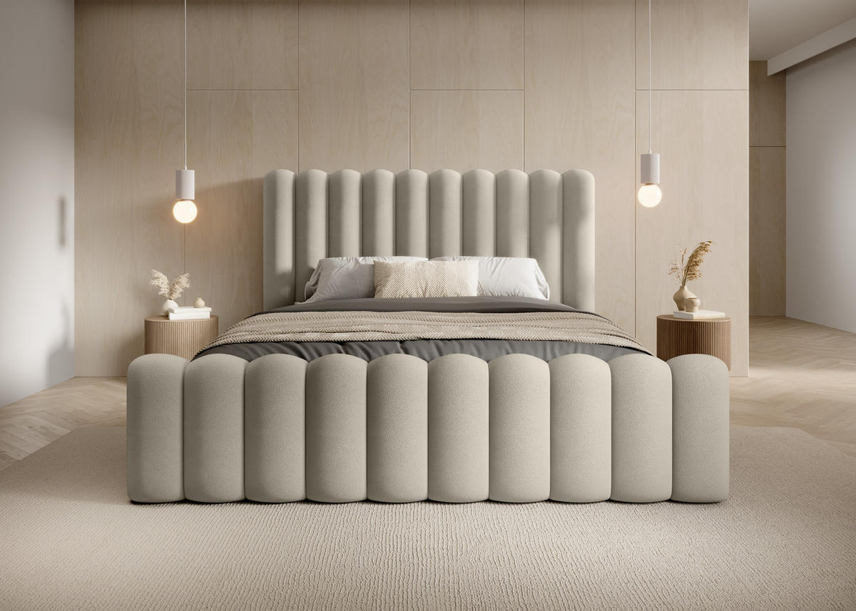 POLSTERBETT Bett Mona VII gepolstert langlebig, modernes Design, geräumiger Bettkasten, pflegeleichter Stoff 200x200 cm, beige - Beige/Schwarz, Holzwerkstoff/Kunststoff (200/200cm) - DomoHome