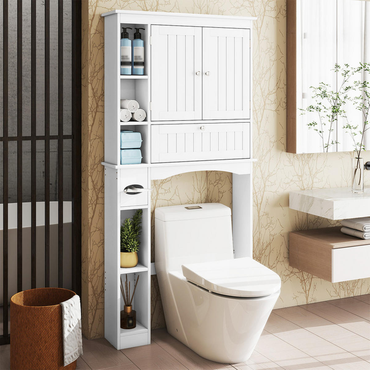 TOILETTENSCHRANK mit 3 Türen weiß - Weiß, Holzwerkstoff (80/165/21cm) - COSTWAY
