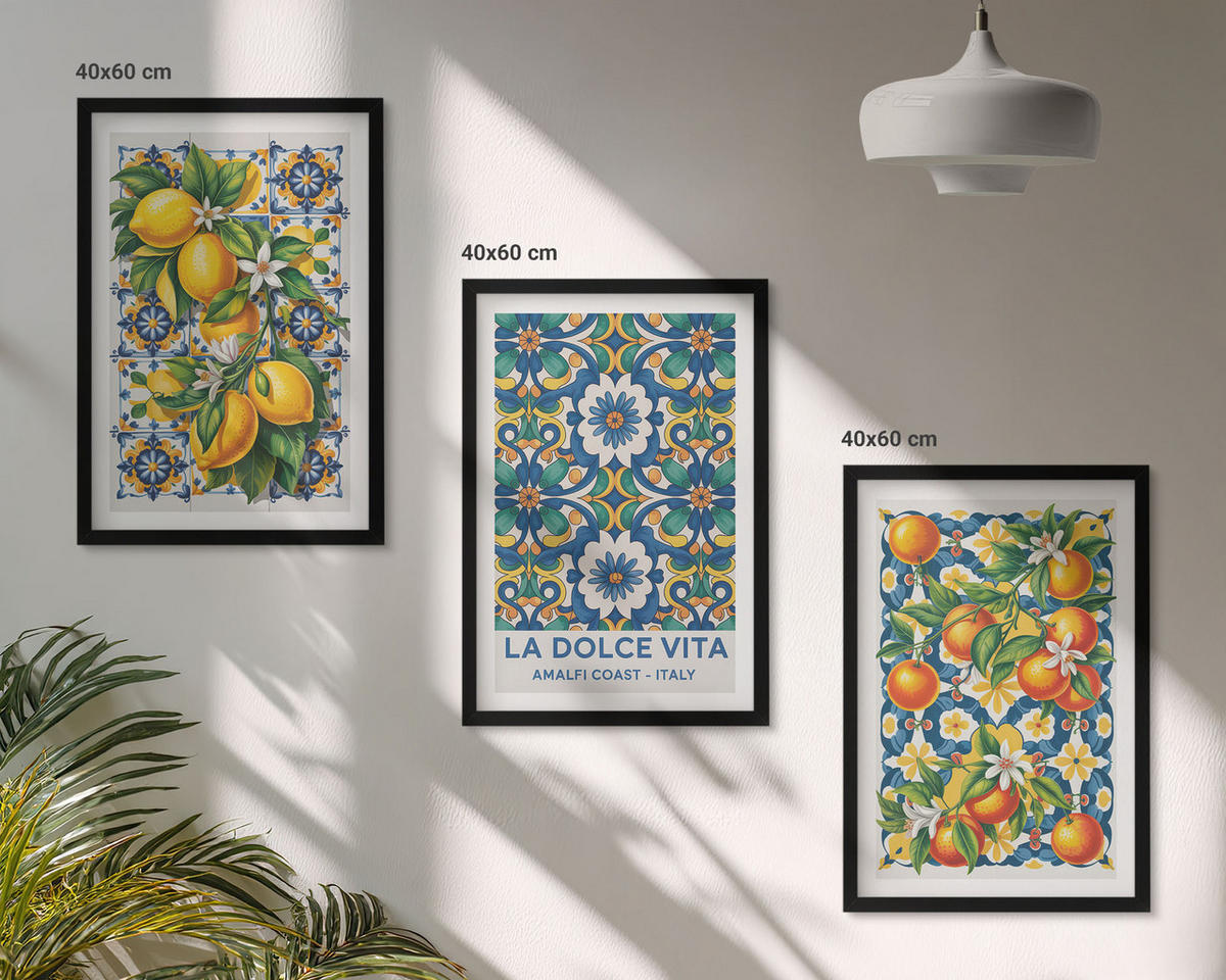 WANDBILDER 3er-Set - 40x60 cm Schwarzer Rahmen - Zitrusfarbene abstrakte - Schwarz, Kunststoff (40/60cm) - ArtPrintCave
