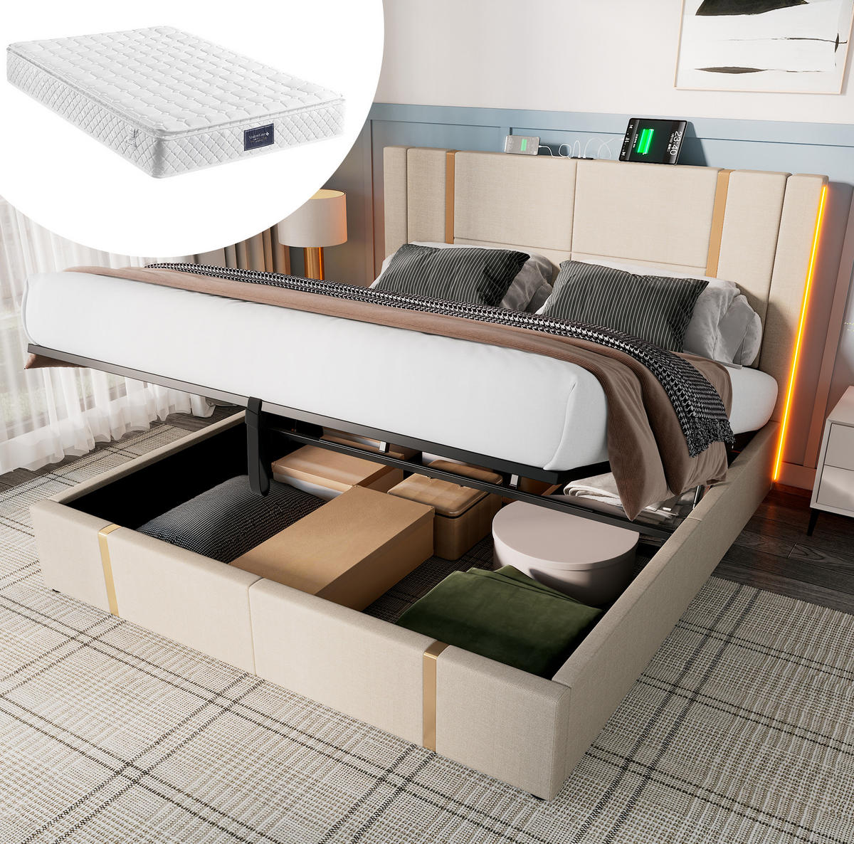 POLSTERBETT aus Leinen 160x200 cm Beige mit Bettkasten, LED-Beleuchtung, USB- und USB-C-Anschluss - Beige, Textil (160/200cm) - IVMEU