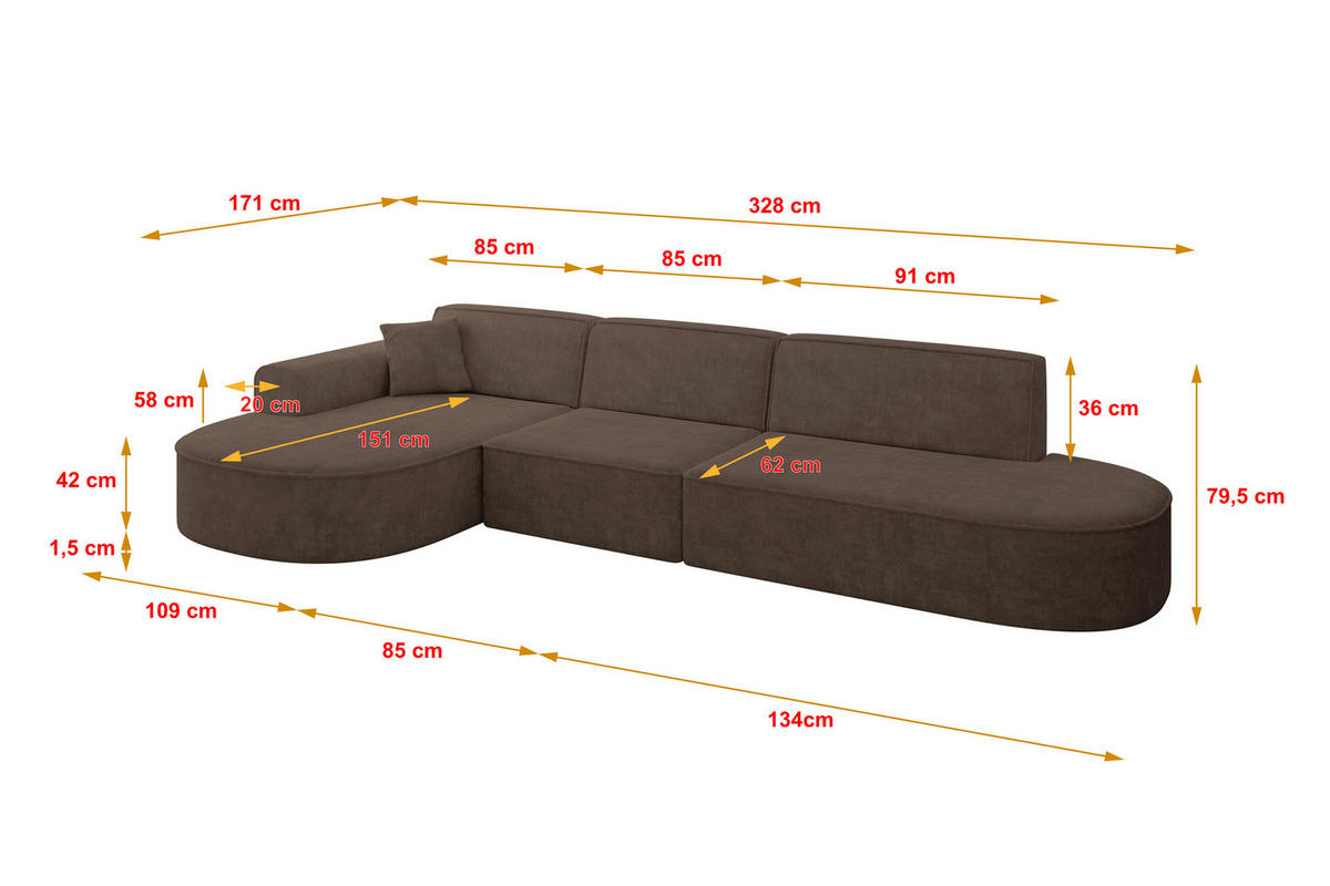 ECKSOFA Ottomane Links MARI-L2 - 328x171x79 cm Braun Velours - Schwarz/Braun, Holzwerkstoff/Kunststoff (328/171cm) - ALTDECOR