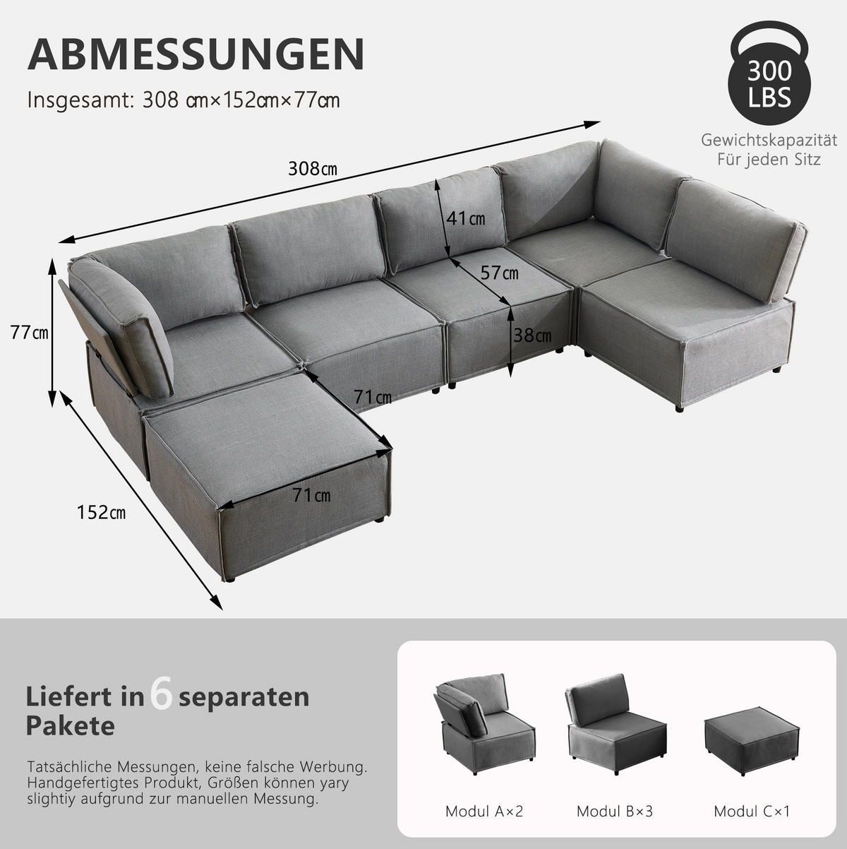 SOFA modular mit Schlaffunktion Hellgrau 3-tlg. - Hellgrau, Holzwerkstoff (152/308cm) - Meubliv