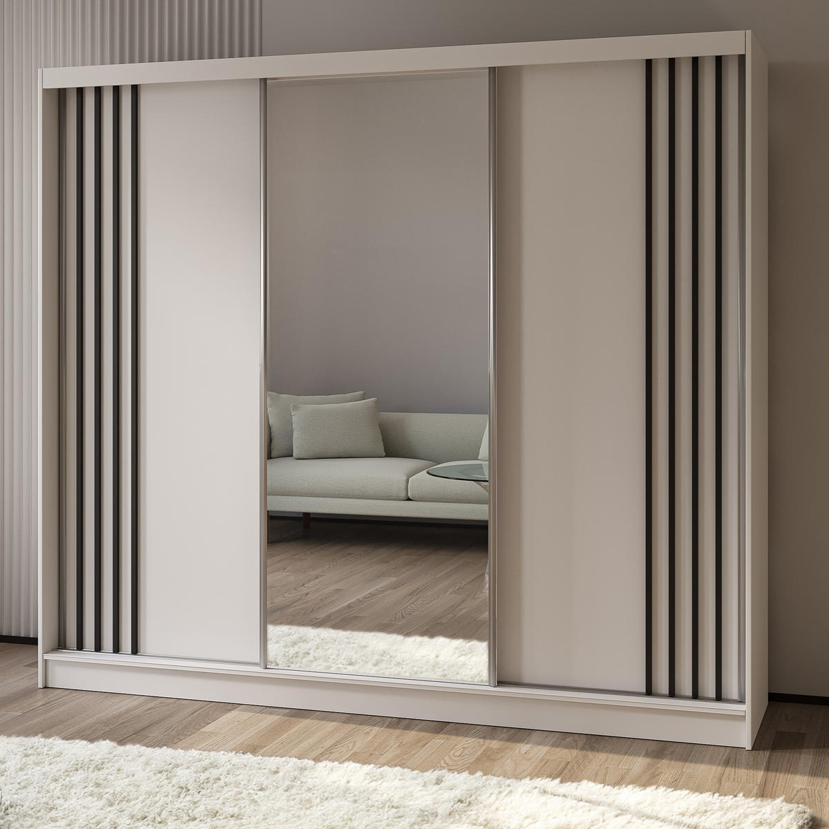 SCHWEBETÜRENSCHRANK NELVIA 240/216/61 cm 3-türig mit Spiegel Weiß - Weiß, Holzwerkstoff (240/216/61cm) - MASSENO