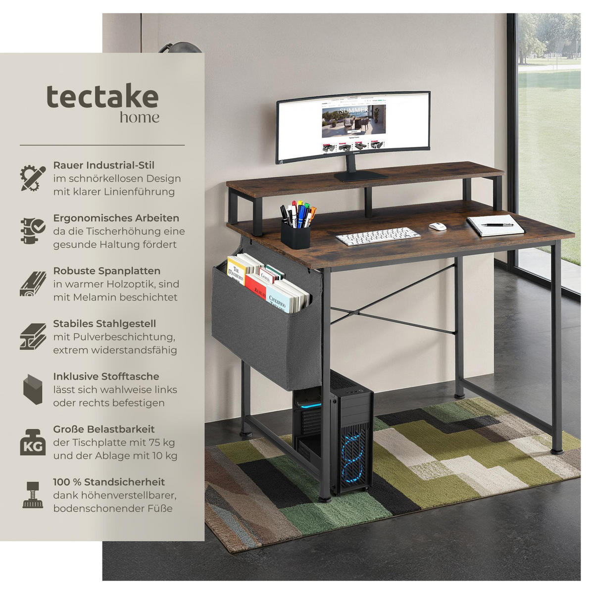 SCHREIBTISCH Thornton, 120 x 60 x 110 cm, Industrial Holz dunkel, rustikal - Rostfarben, Holzwerkstoff (60/120/90cm) - tectake
