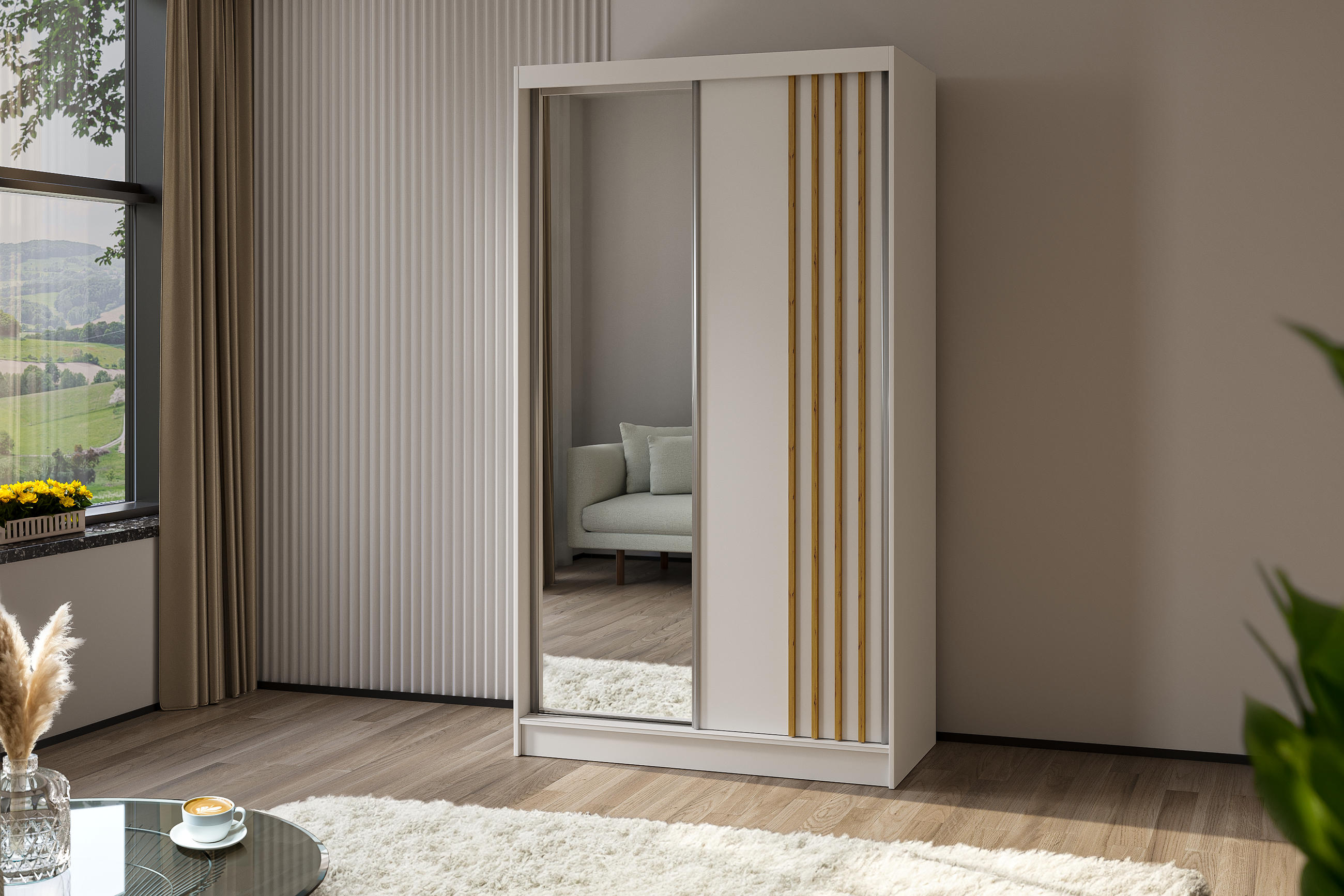KLEIDERSCHRANK mit Spiegel-Schiebetüren und Aluminium-Leisten - NALLA - 120 cm Weiß+Weiß+Artisan - Weiß/Eiche Artisan, Holzwerkstoff (120/216/61cm) - ALTDECOR