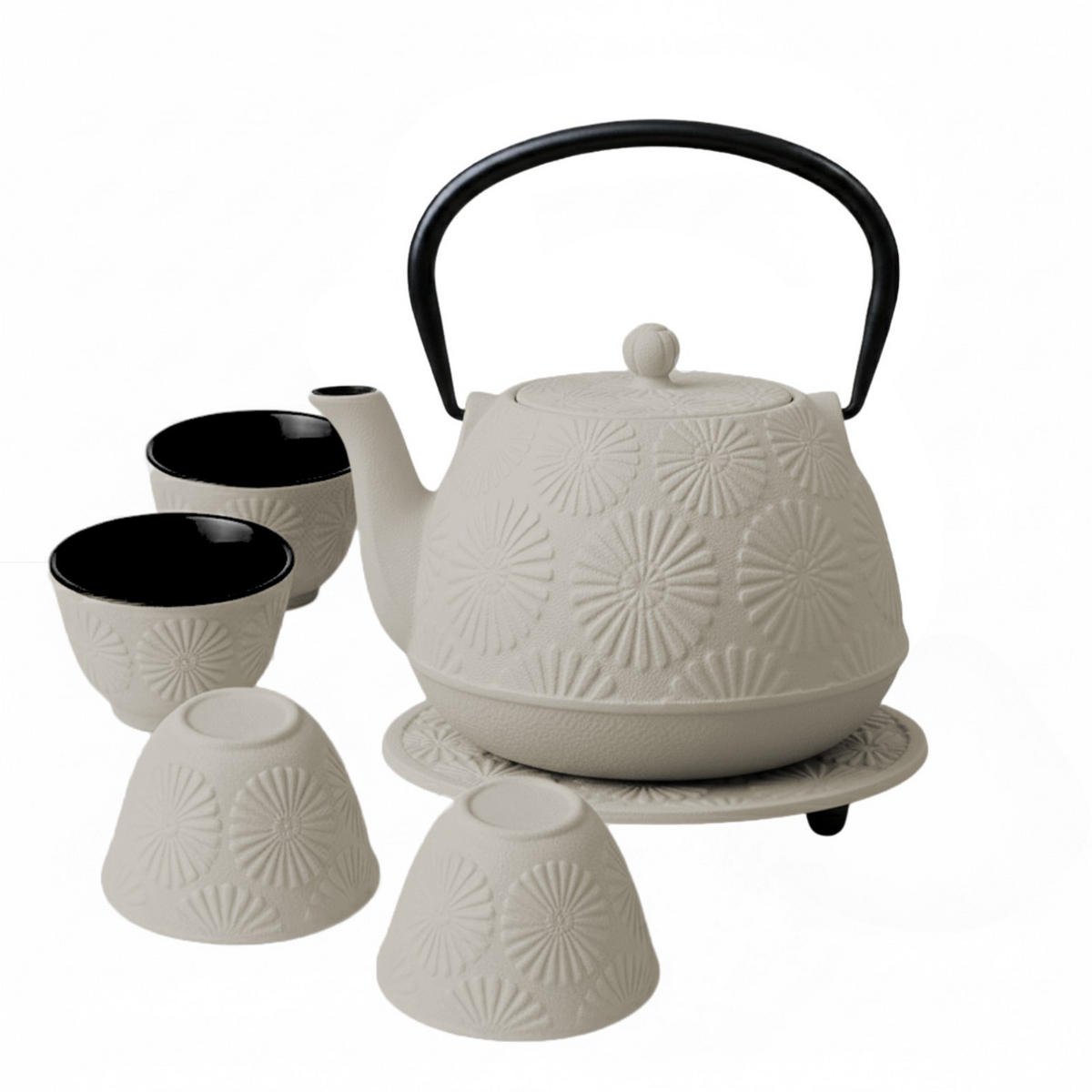 GUSSEISENKANNE Koga 1200 ml mit Tassen und Untersetzer - Grau, Metall (1.2L) - AROMELIO