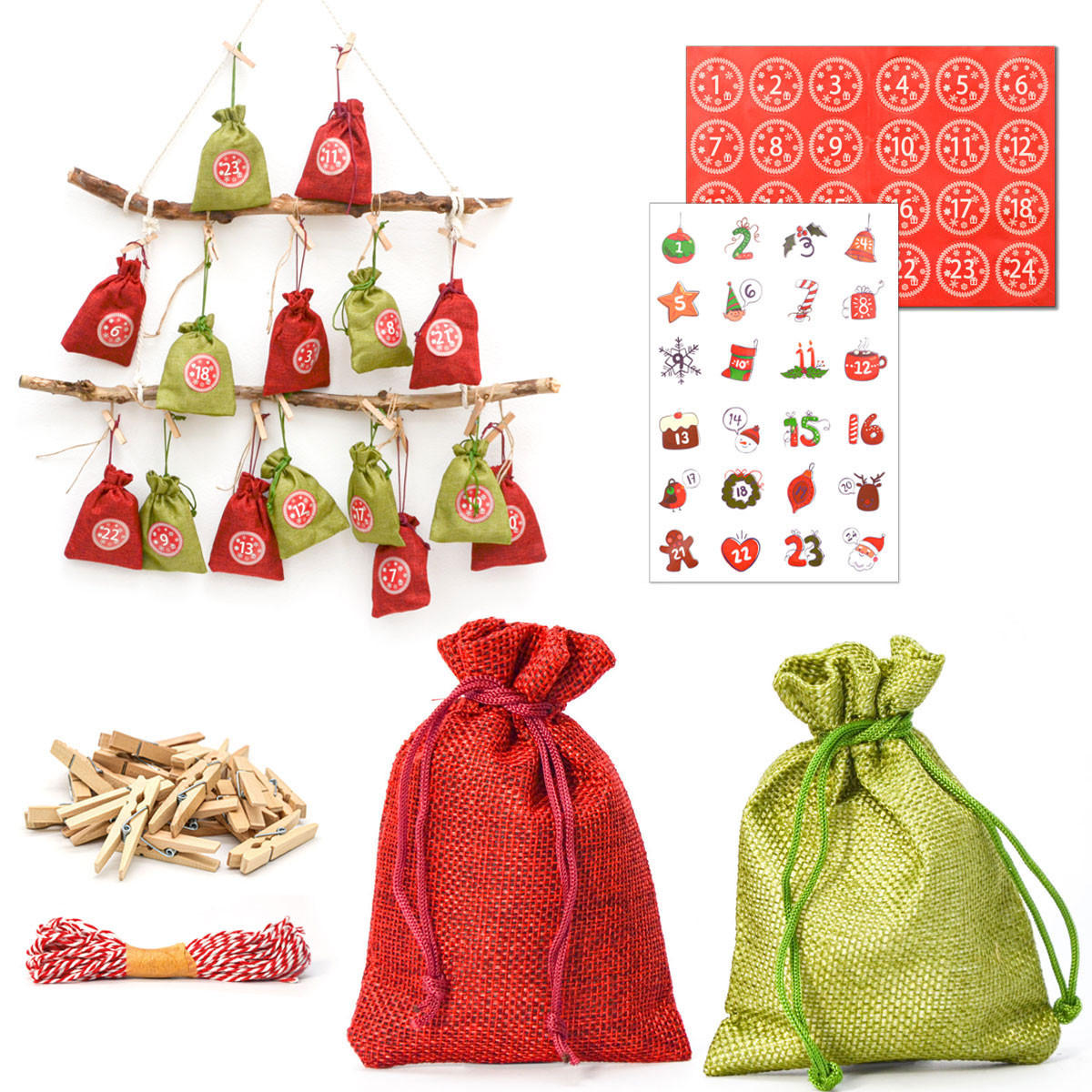 ADVENTSKALENDER zum Selbstbefüllen, 24 Geschenk-Säckchen Rot - Rot, Kunststoff (9.5/3/13cm) - Dunedesign