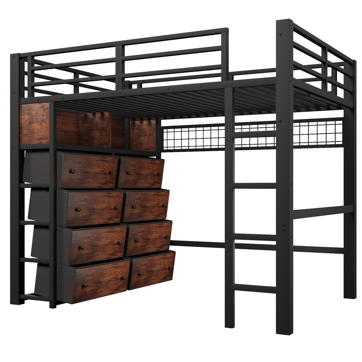 HOCHBETT mit 8 Schubladen 140x200 cm Metall Schwarz - Schwarz, Metall (140/200cm) - Meubliv