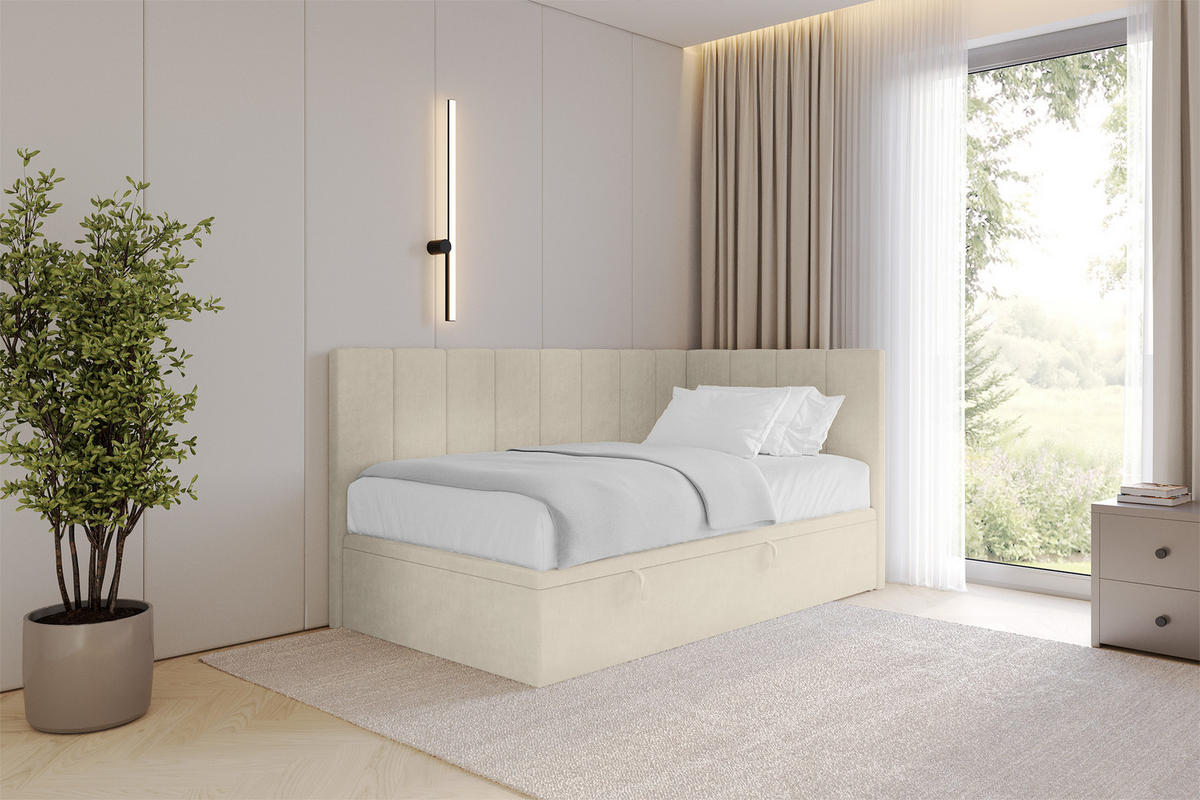 EINZELBETT Jugendbett mit Bettkasten Links, ohne Matratze - LOVY 90x200 Beige - Cappuccino, Holzwerkstoff/Textil (90/200cm) - ALTDECOR