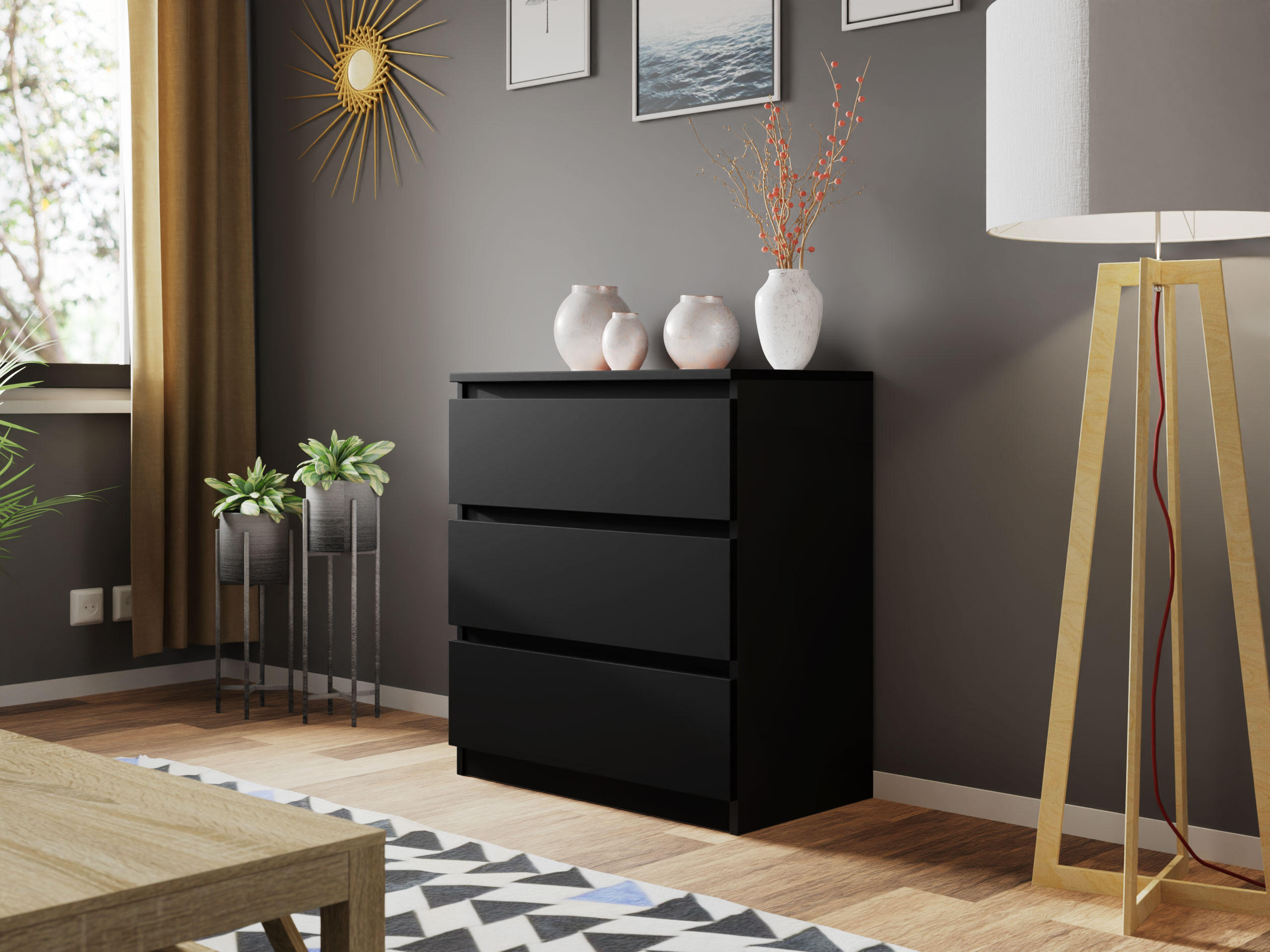KOMMODE Malwa M3 - Schwarz, Holzwerkstoff (70/77/40cm) - MIRJAN24