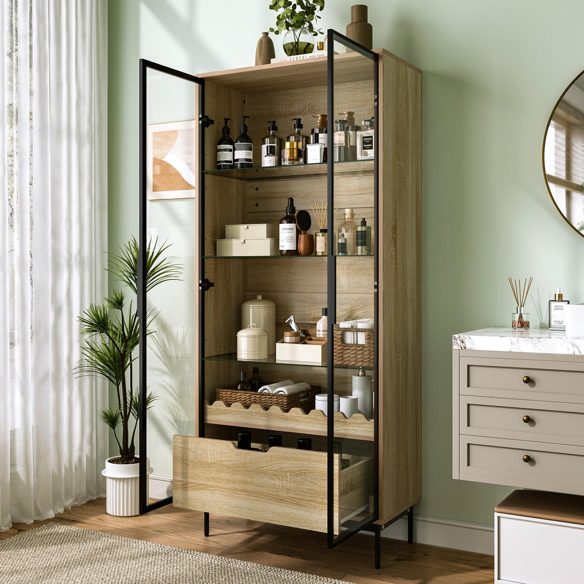 VITRINE in Naturfarben mit Glastür und Schublade für Wohnzimmer, B75/T35/H170,8 cm - Transparent/Naturfarben, Glas/Holzwerkstoff (75/170.8/35cm) - STILVORA