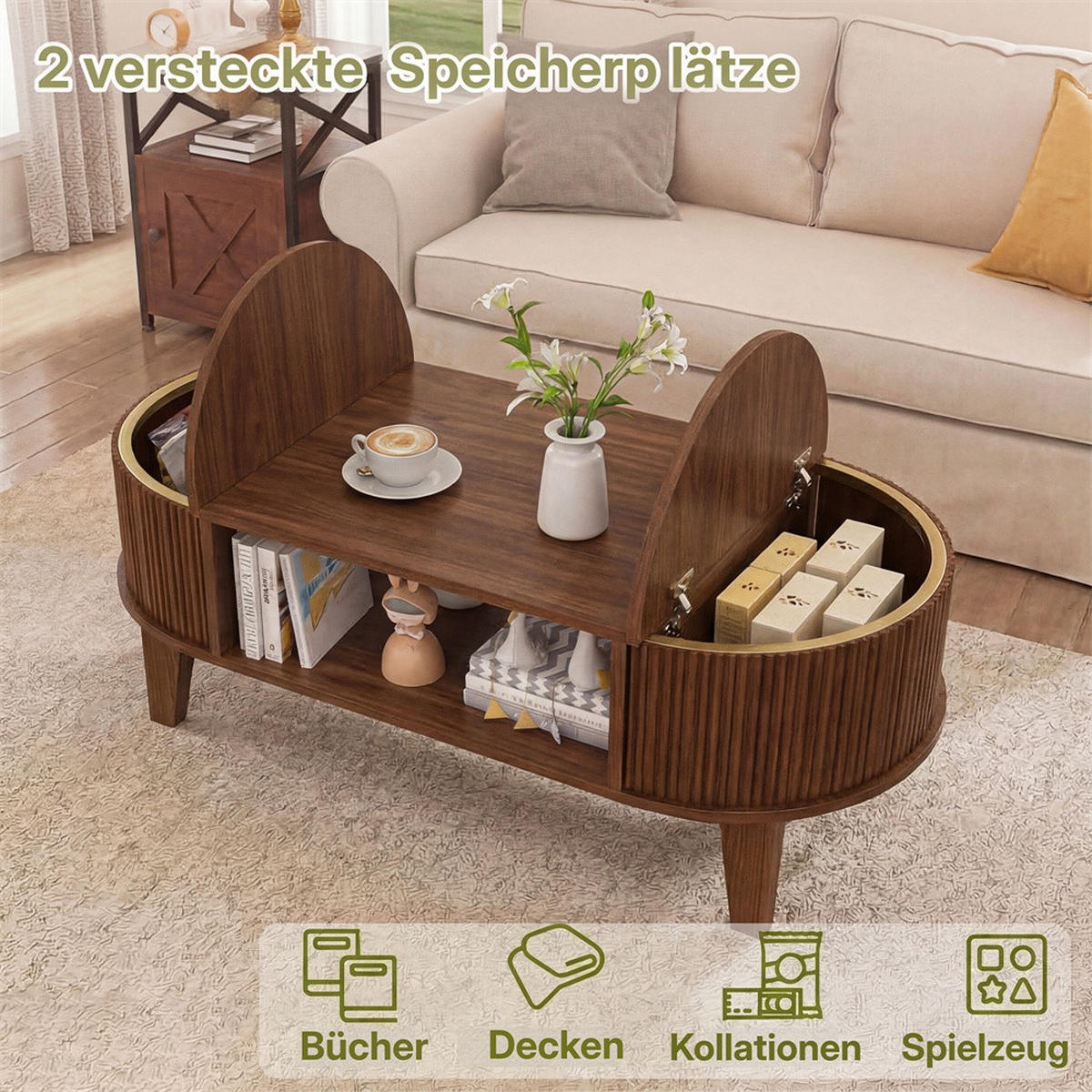 COUCHTISCH oval in Rillenoptik - Wohnzimmertisch mit verstecktem Staufach und offenen Regalen - Walnuss-Optik - Nussbaumfarben, Holzwerkstoff (100/50/40.5cm) - DELFA