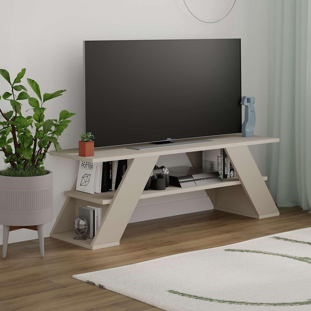 TV stolek se 3 policemi, šířka 120 cm - Farfalla - béžová, kompozitní dřevo (33.5/40/120cm) - Calicosy