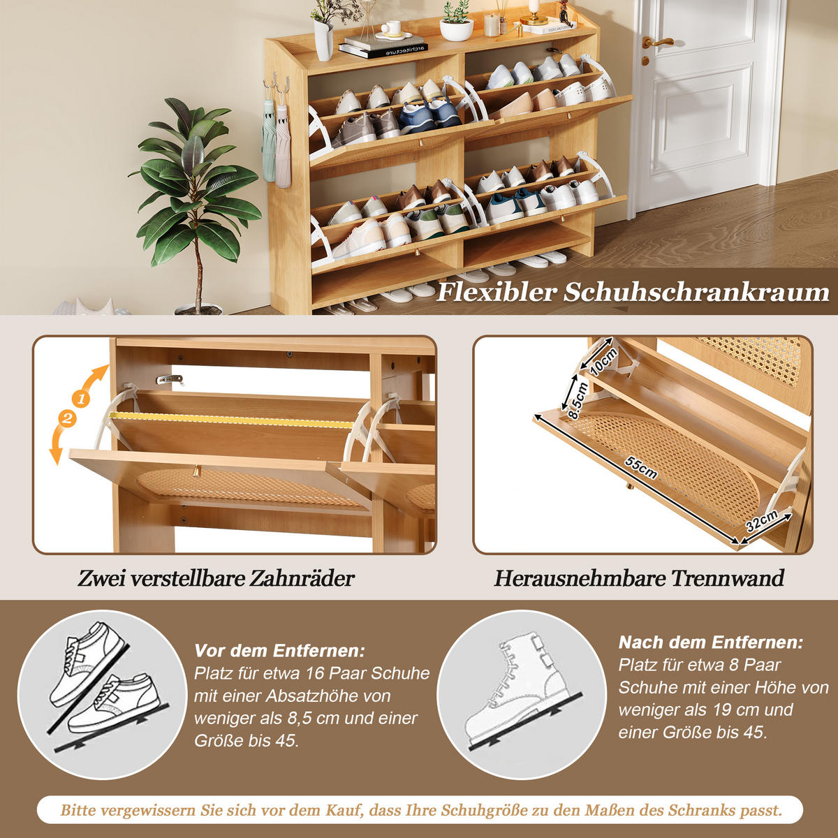 SCHUHSCHRANK in Naturfarben mit 4 Kipptüren mit 8 Fächern für Flur, B120/T24/H90 cm - Naturfarben, Holzwerkstoff (120/90/24cm) - STILVORA