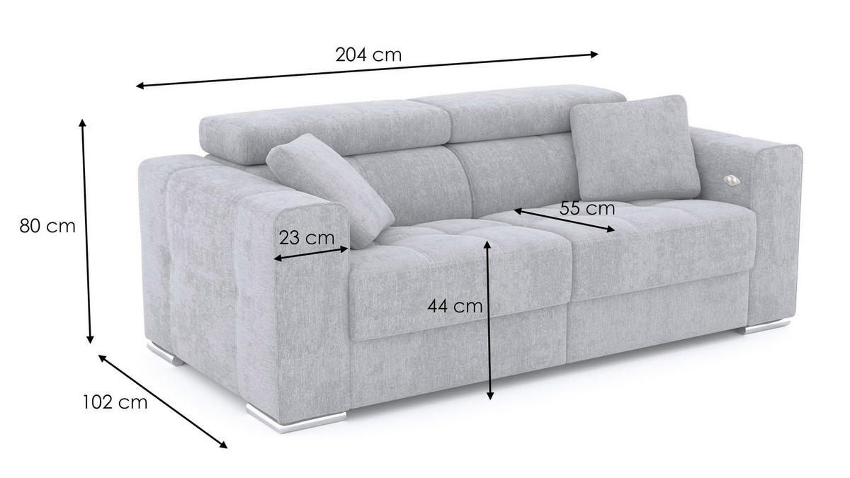 SOFA QUARTZ 3-Sitzer mit 1 Relaxfunktion, hellgrau - Silberfarben/Hellgrau, Holzwerkstoff/Textil (204/80/102cm) - Courtois Laville