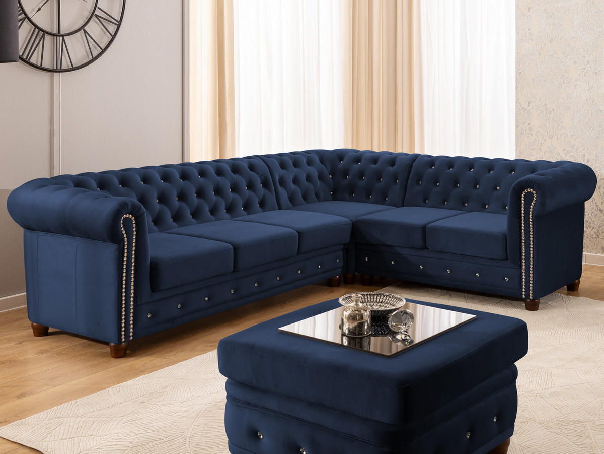 ECKSOFA mit Schlaffunktion Chesterfield Marineblau Samt mit Kristallsteppung und braunen Massivholzfüßen - Ottomane Rechts - Blau/Braun, Holz/Textil (264/210cm) - S-Style Möbel