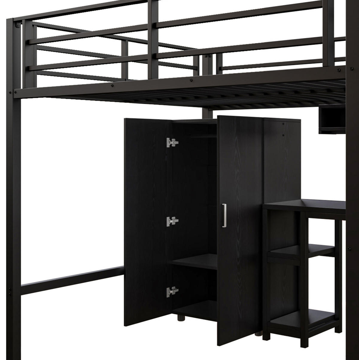 HOCHBETT aus Metall und MDF 140x200 cm Schwarz mit Kleiderschrank, Regalen und Schreibtisch - Schwarz, Metall (140/200cm) - IVMEU
