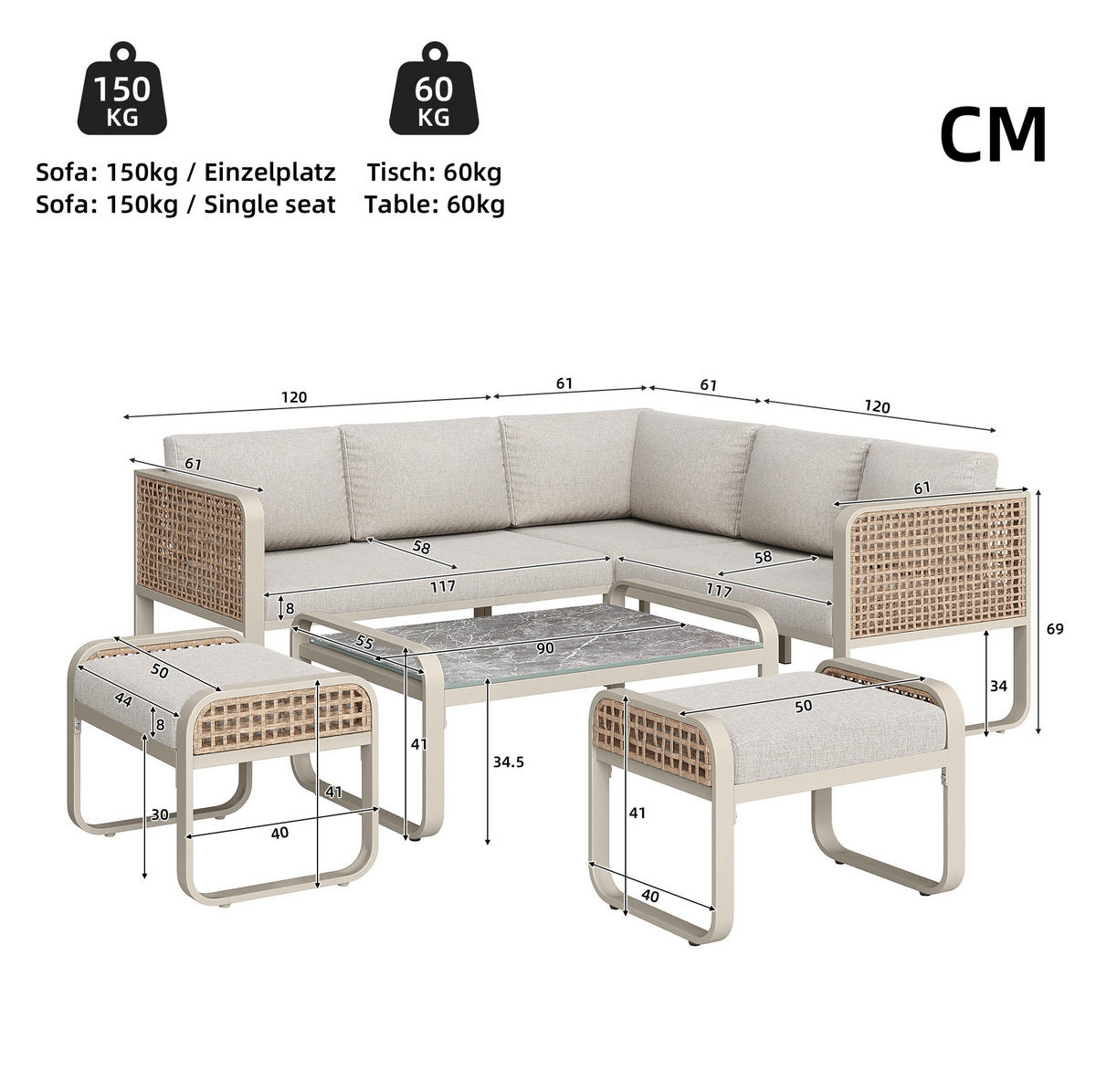 GARTEN-LOUNGE-SET aus Rattan & Metallgestell, inkl. Kissen, 120/61/69 cm, Beige - Beige, Metall - Redom