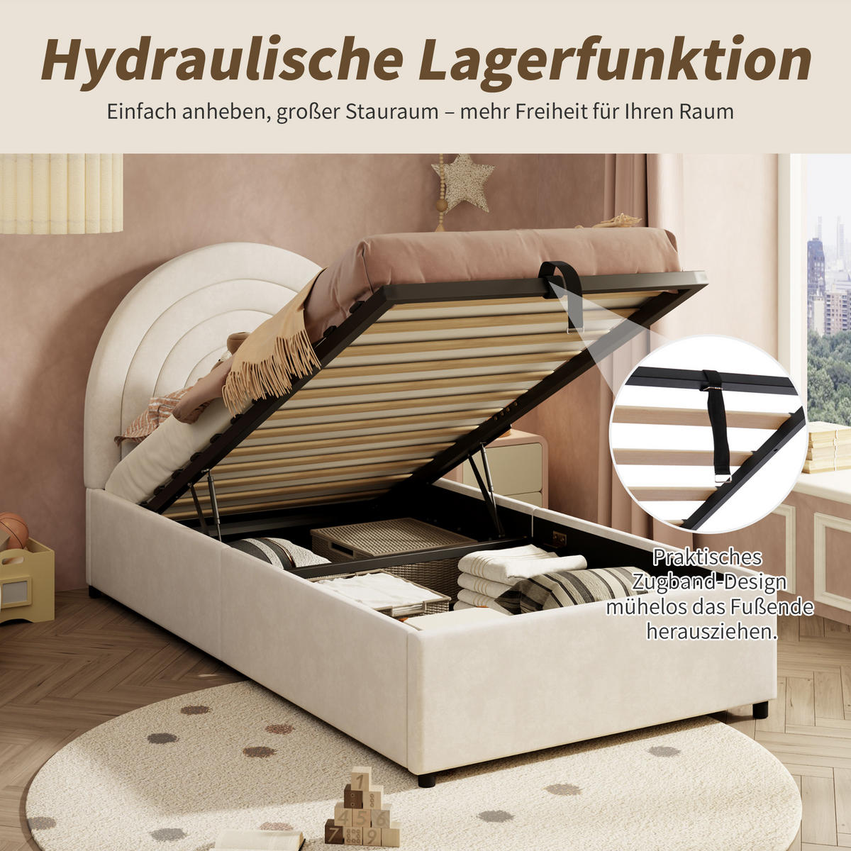 POLSTERBETT 90x200 Samt Lattenrost Kopfteil Beige - Beige, Holzwerkstoff - FLIEKS