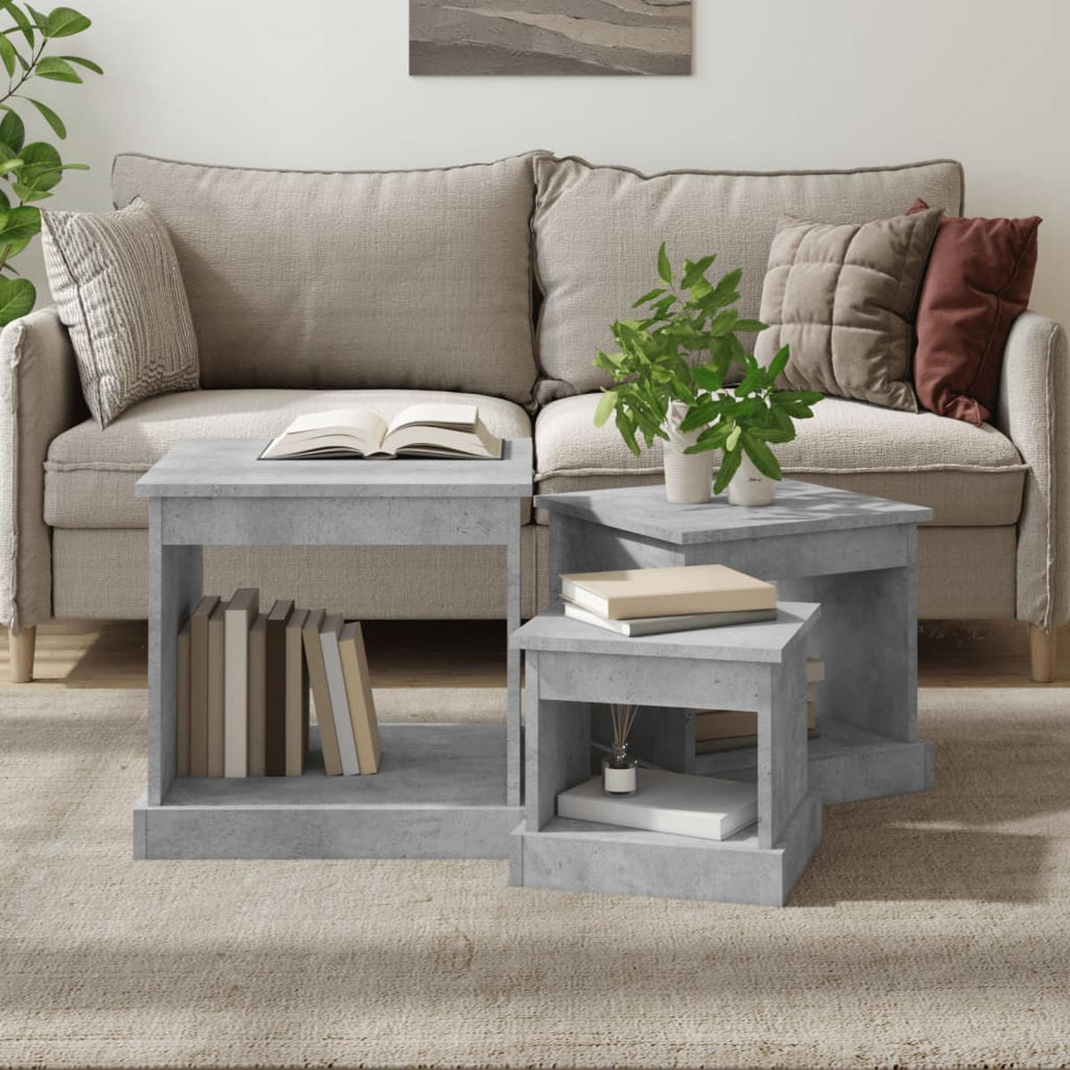 COUCHTISCHE 3 Stk. Betongrau Holzwerkstoff - Grau, Holzwerkstoff (48/45/45cm) - furnicato