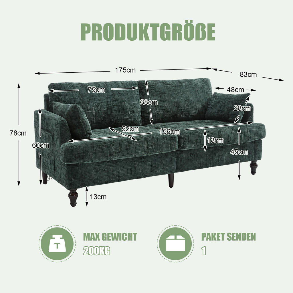 Thumbnail - Redom 2-Sitzer, Smaragdgrün, Textil, 175x78x83 cm, Wohnzimmer, Sofas & Couches, Sofas, 2-Sitzer Sofas
